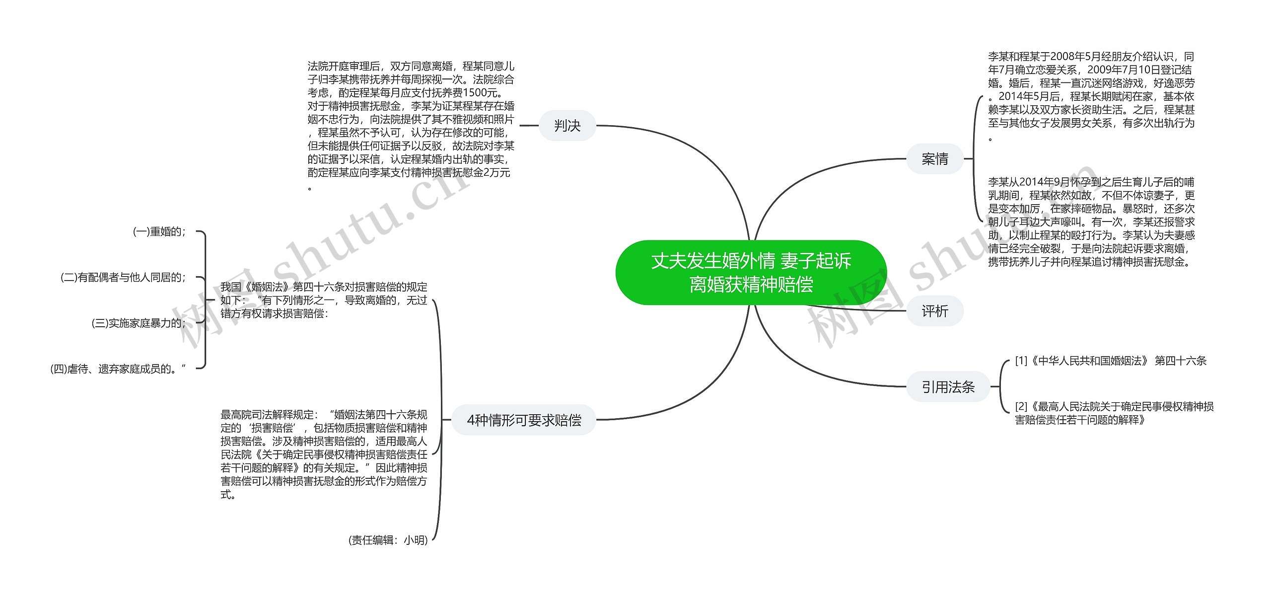 丈夫发生婚外情 妻子起诉离婚获精神赔偿思维导图