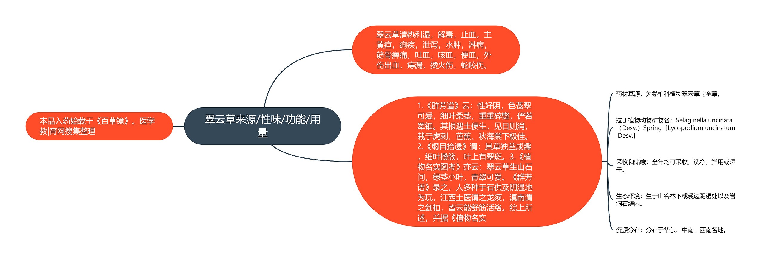 翠云草来源/性味/功能/用量思维导图