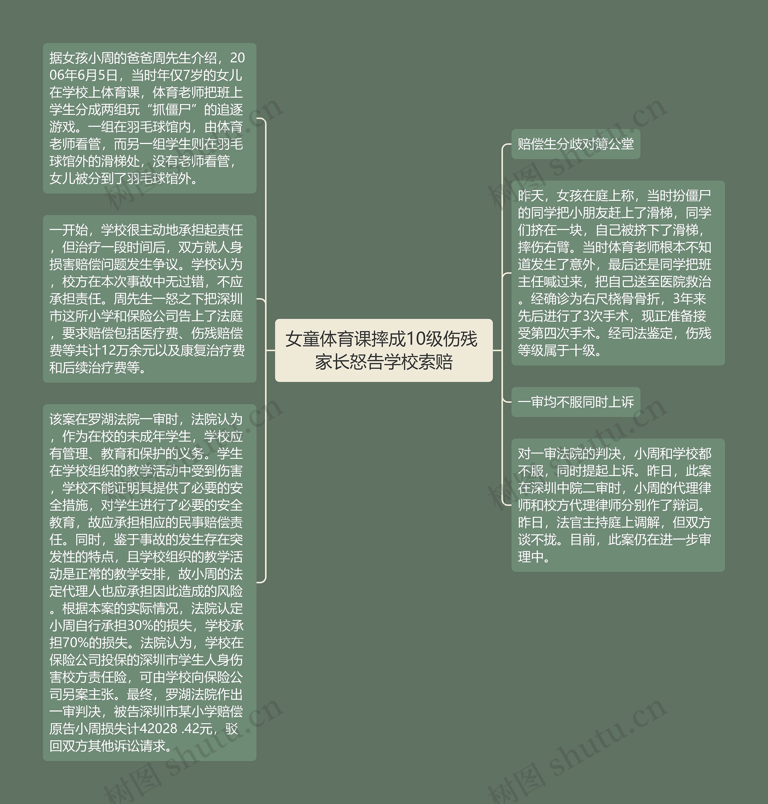 女童体育课摔成10级伤残 家长怒告学校索赔思维导图