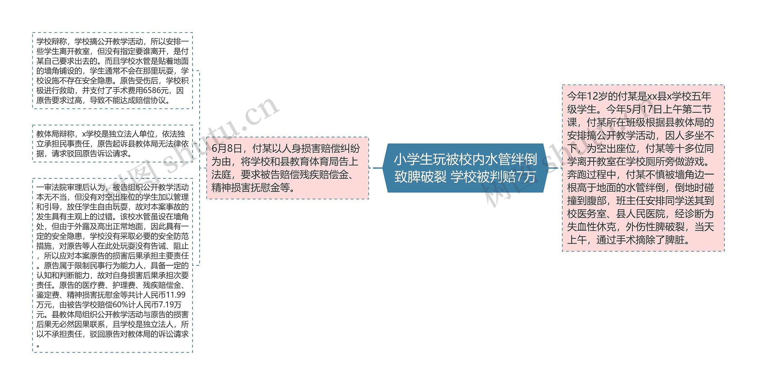 小学生玩被校内水管绊倒致脾破裂 学校被判赔7万思维导图