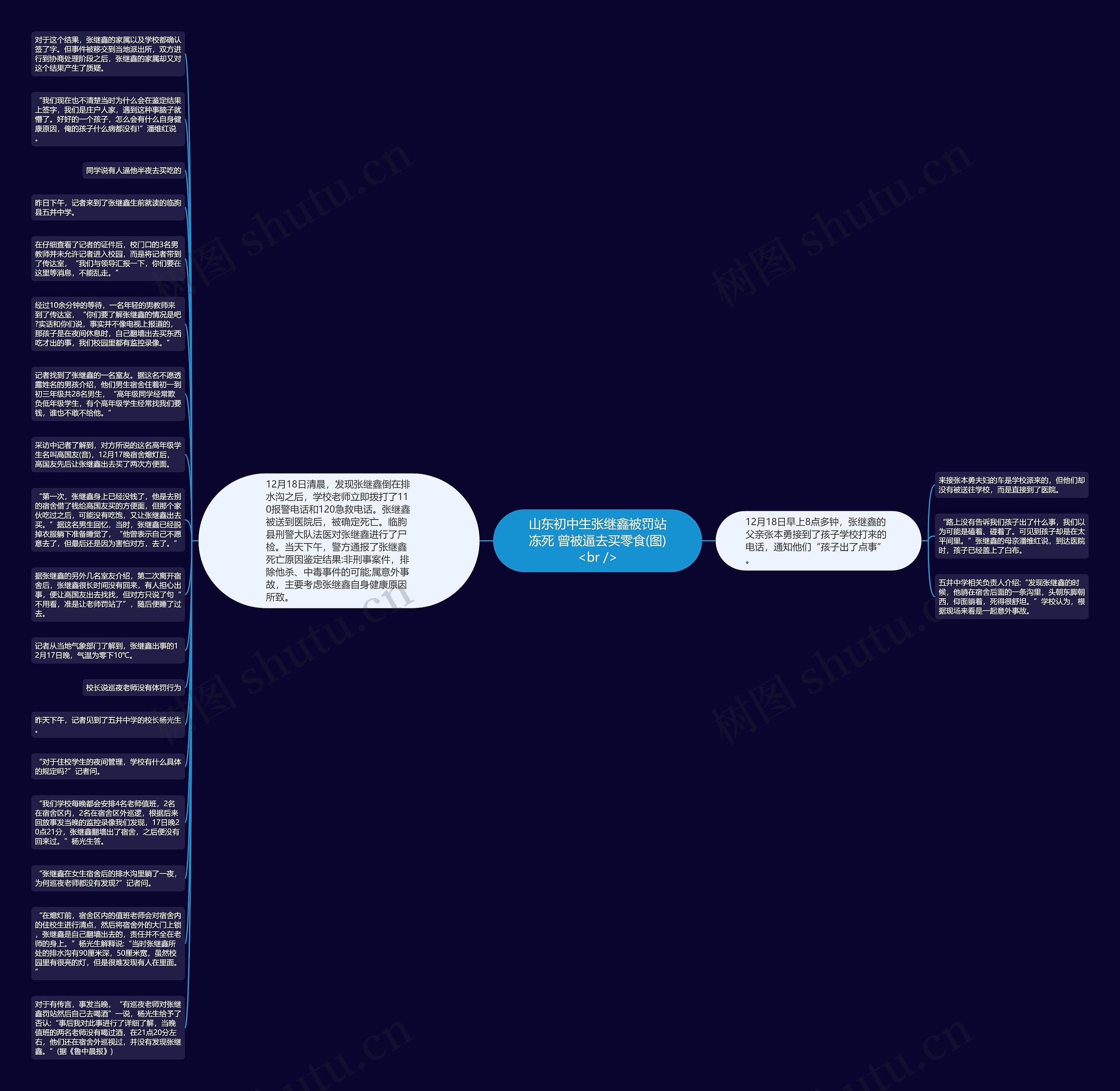 山东初中生张继鑫被罚站冻死 曾被逼去买零食(图)<br />思维导图