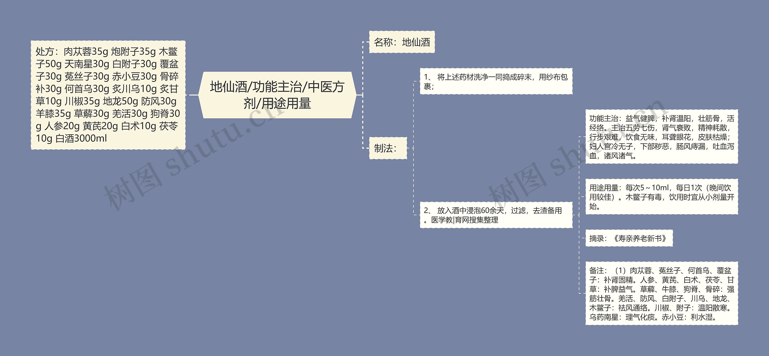 地仙酒/功能主治/中医方剂/用途用量思维导图