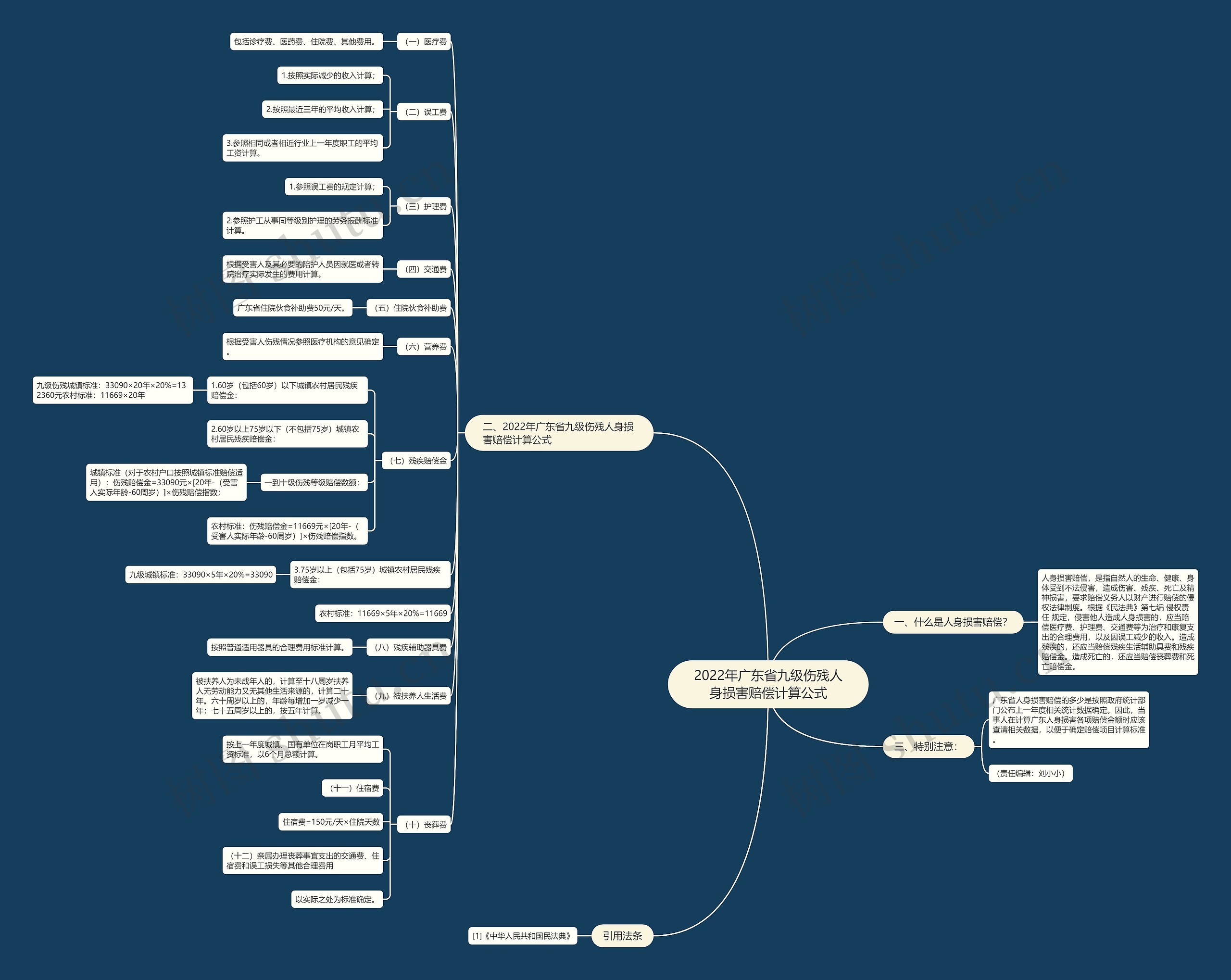 2022年广东省九级伤残人身损害赔偿计算公式思维导图