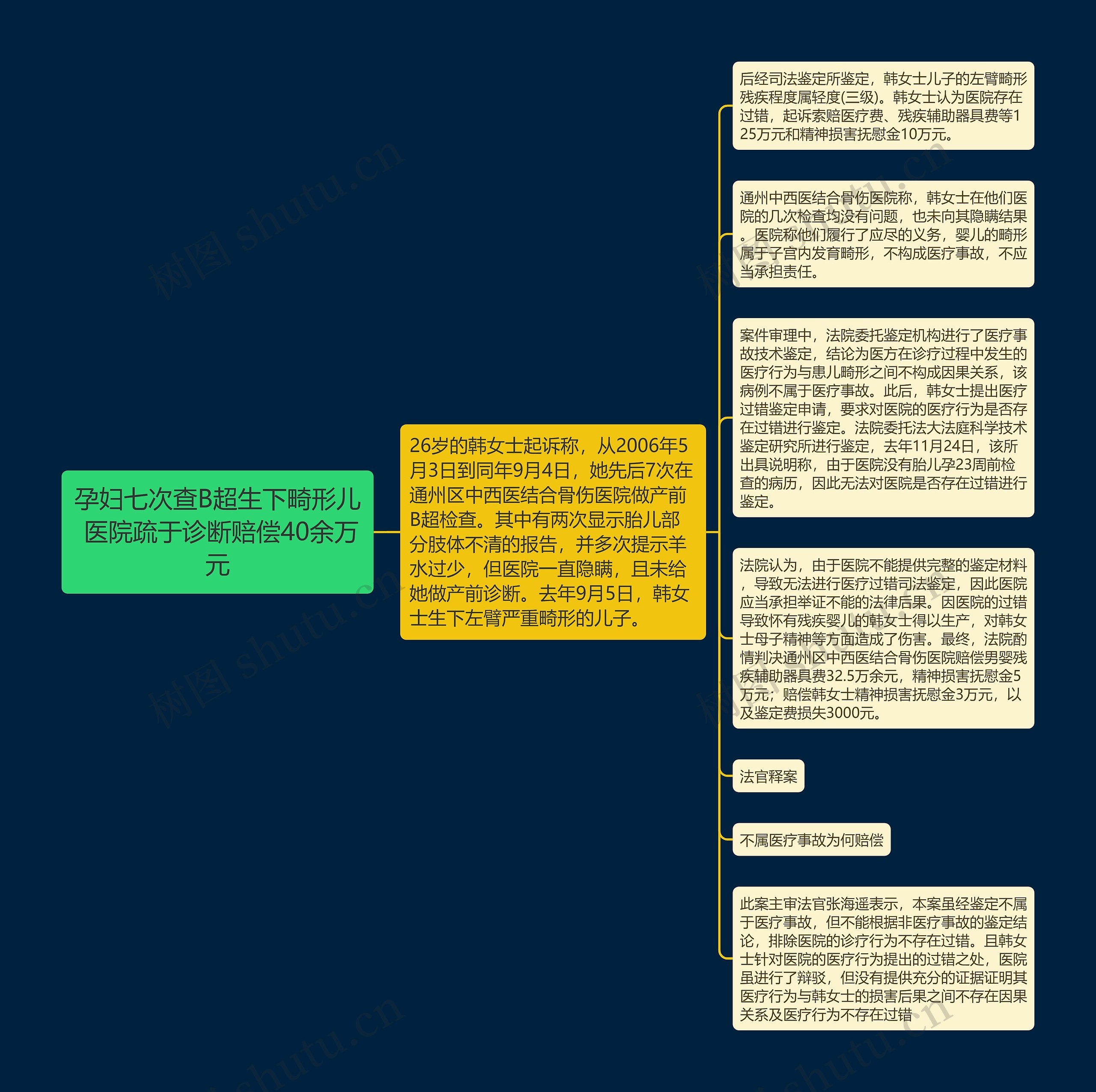 孕妇七次查B超生下畸形儿 医院疏于诊断赔偿40余万元思维导图