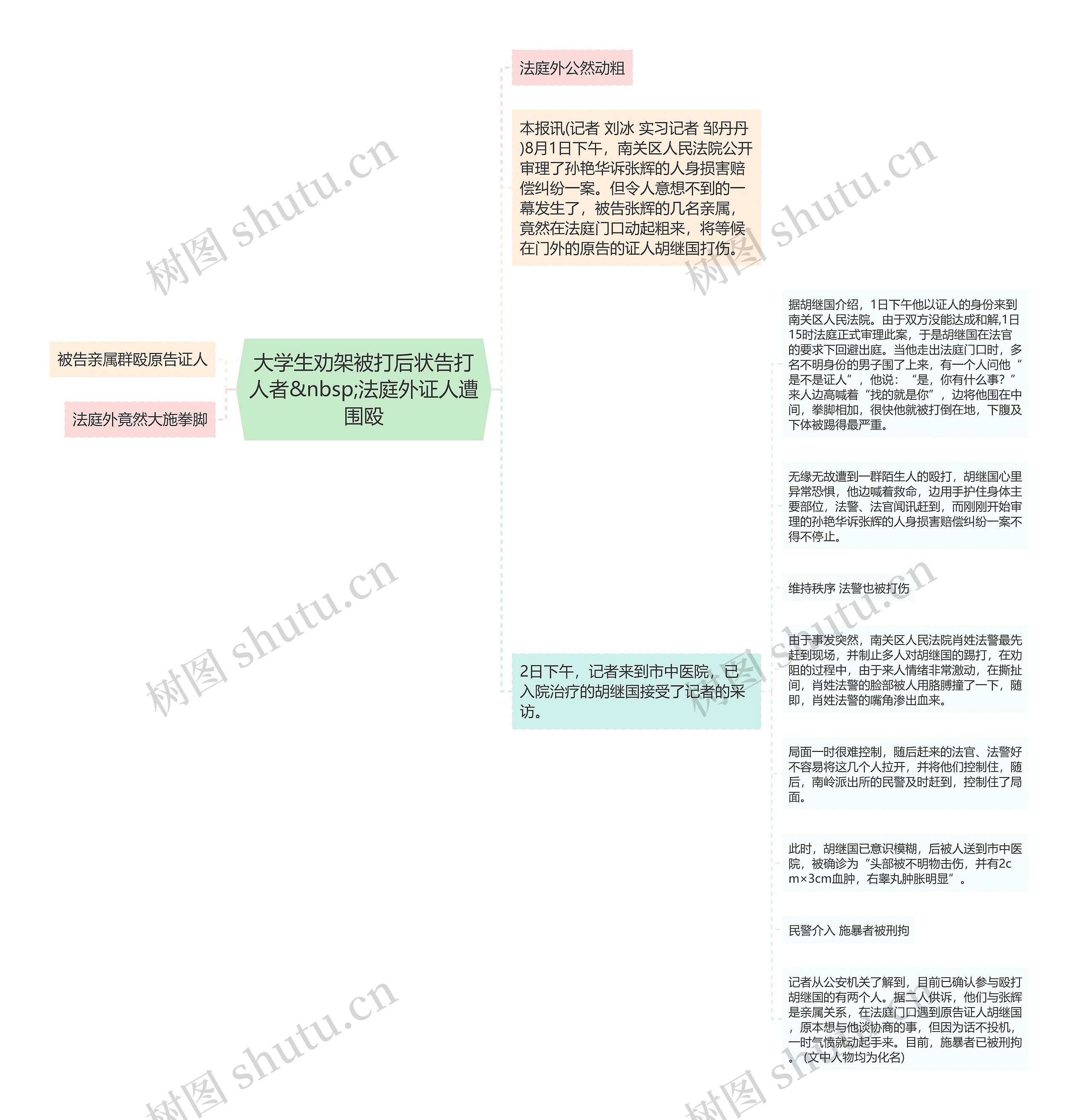 大学生劝架被打后状告打人者&nbsp;法庭外证人遭围殴思维导图