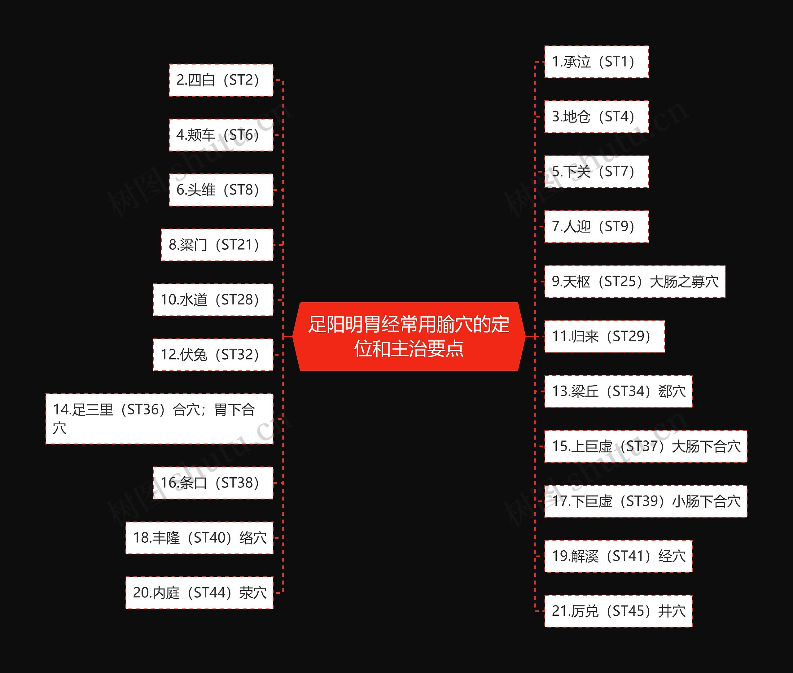 足阳明胃经常用腧穴的定位和主治要点思维导图