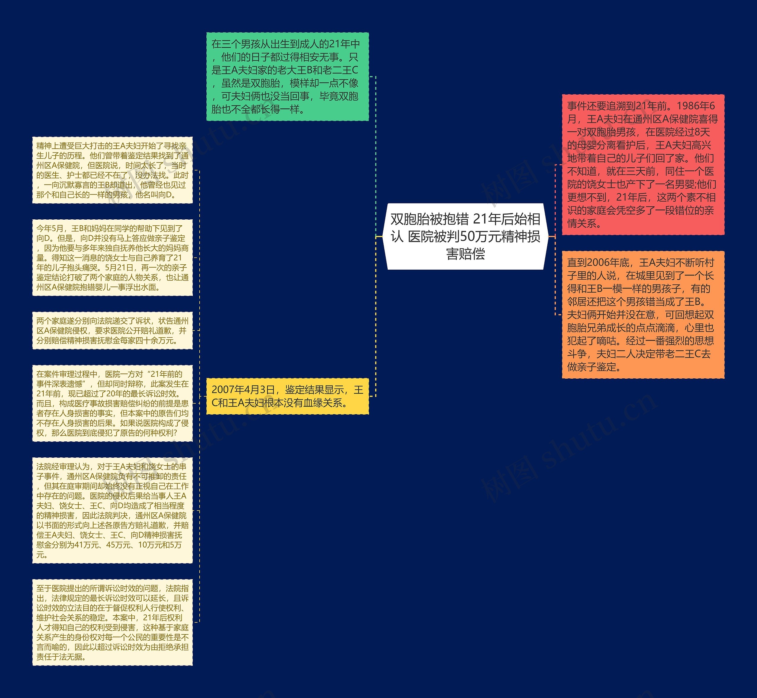 双胞胎被抱错 21年后始相认 医院被判50万元精神损害赔偿思维导图