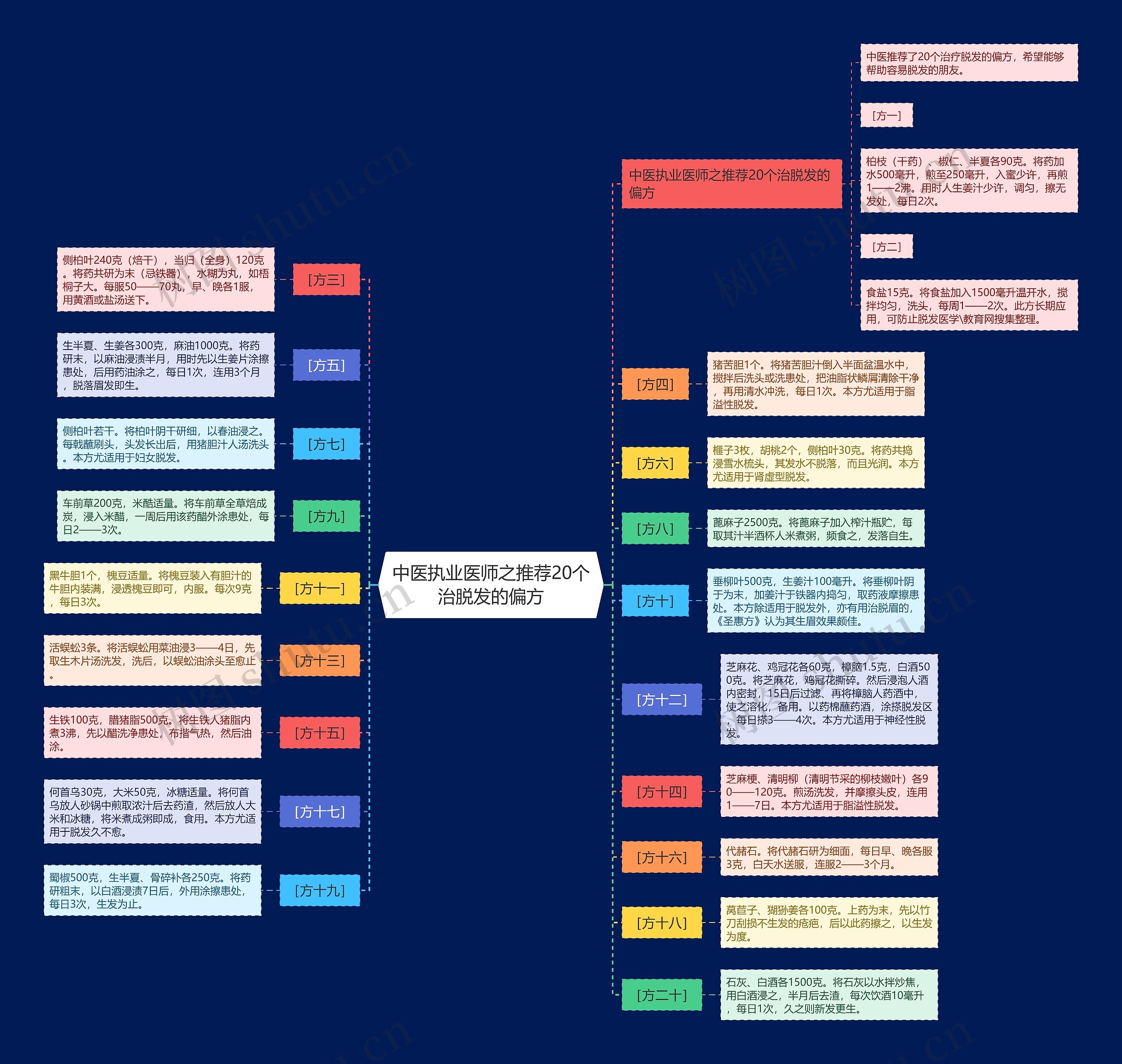 中医执业医师之推荐20个治脱发的偏方思维导图