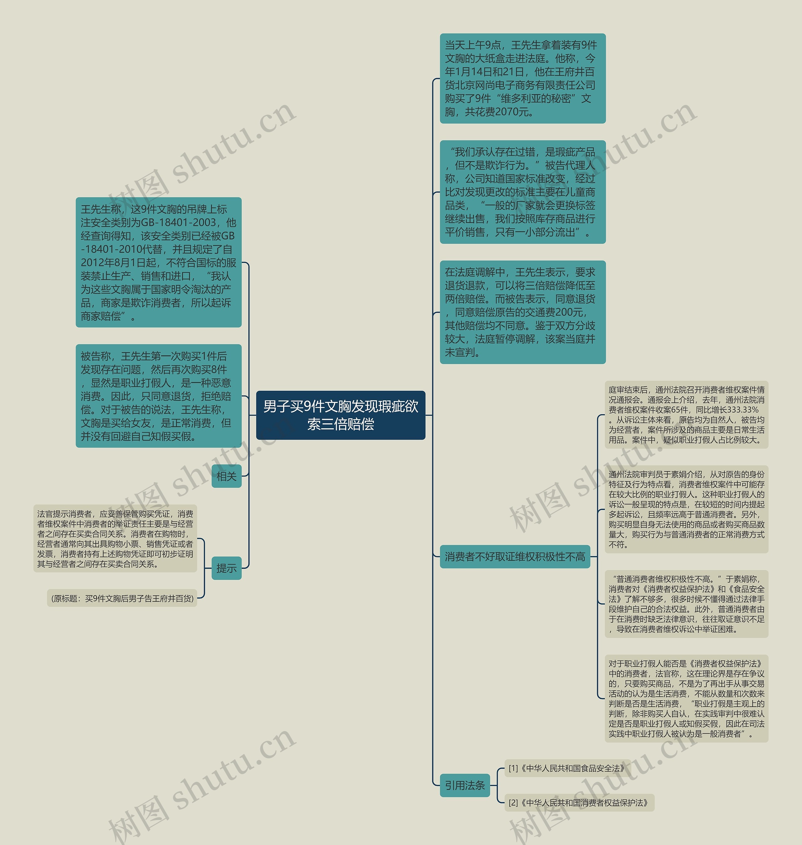 男子买9件文胸发现瑕疵欲索三倍赔偿思维导图