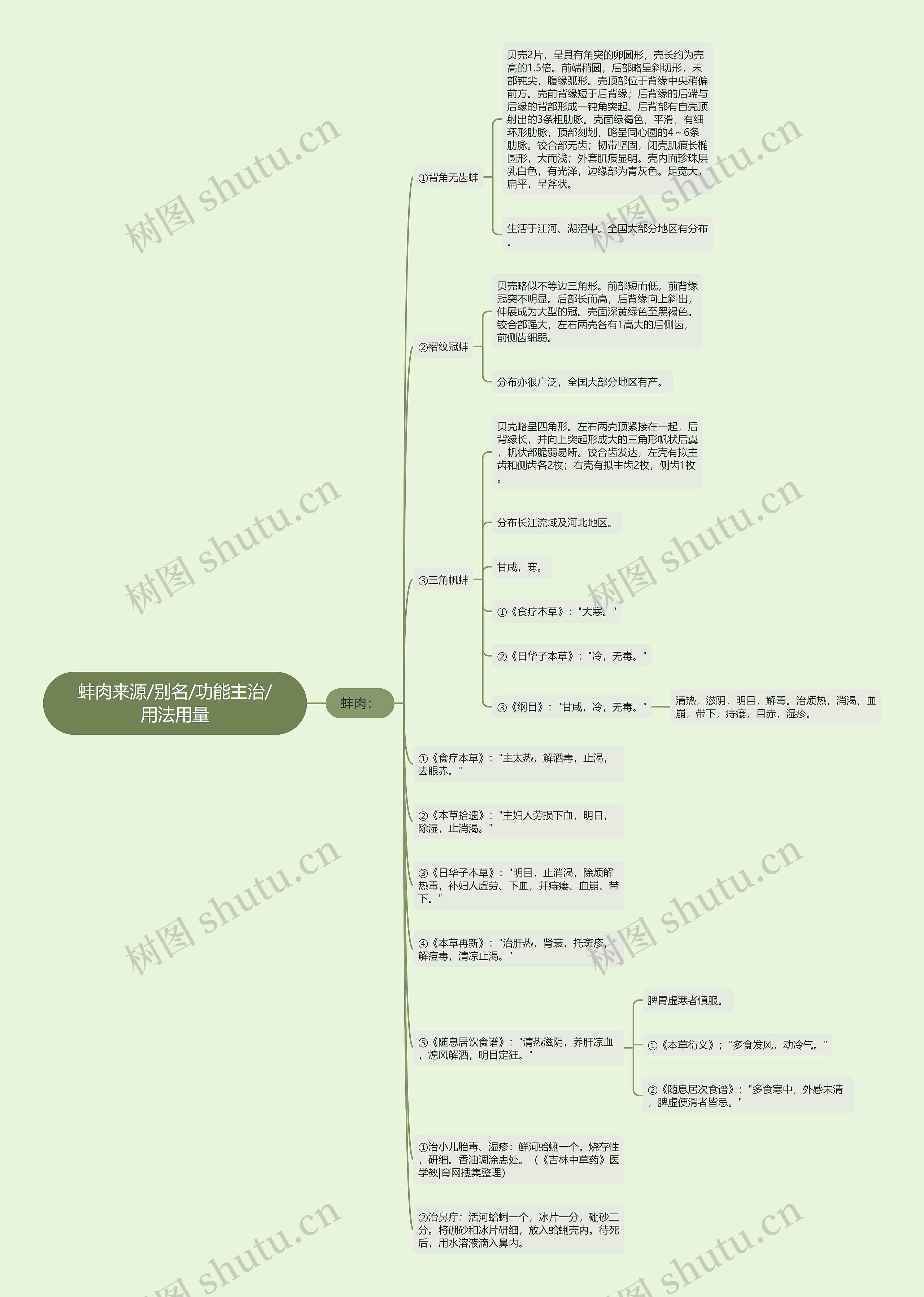 蚌肉来源/别名/功能主治/用法用量思维导图