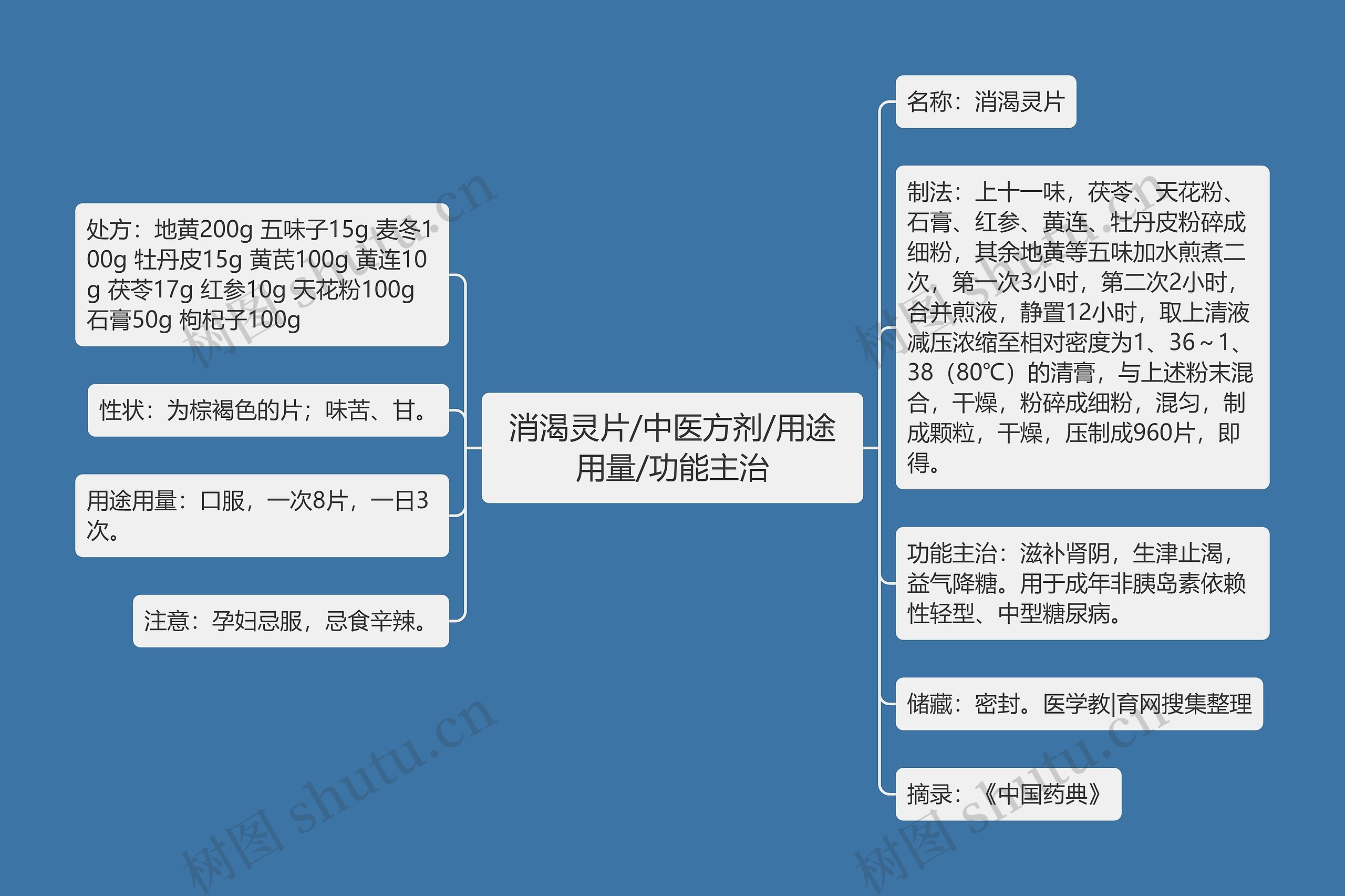 消渴灵片/中医方剂/用途用量/功能主治思维导图