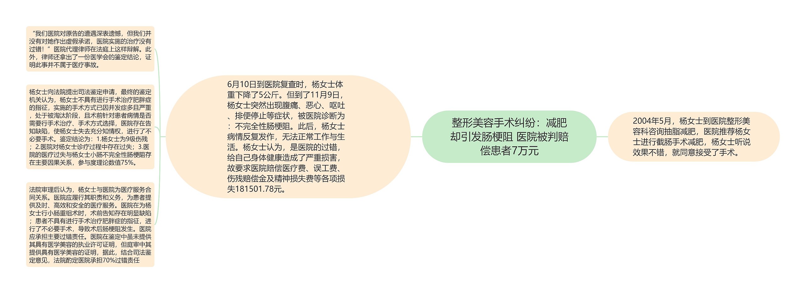 整形美容手术纠纷：减肥却引发肠梗阻 医院被判赔偿患者7万元思维导图