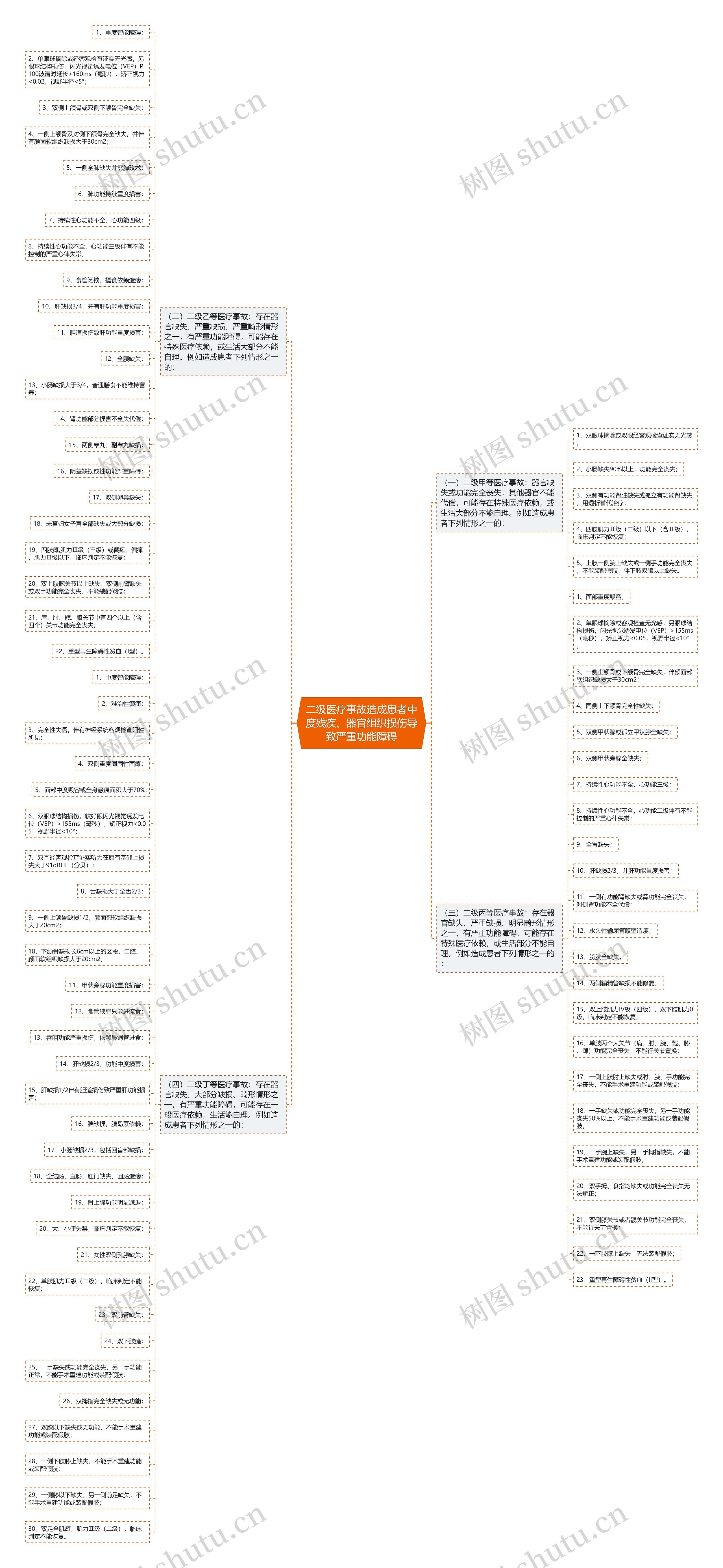 二级医疗事故造成患者中度残疾、器官组织损伤导致严重功能障碍思维导图