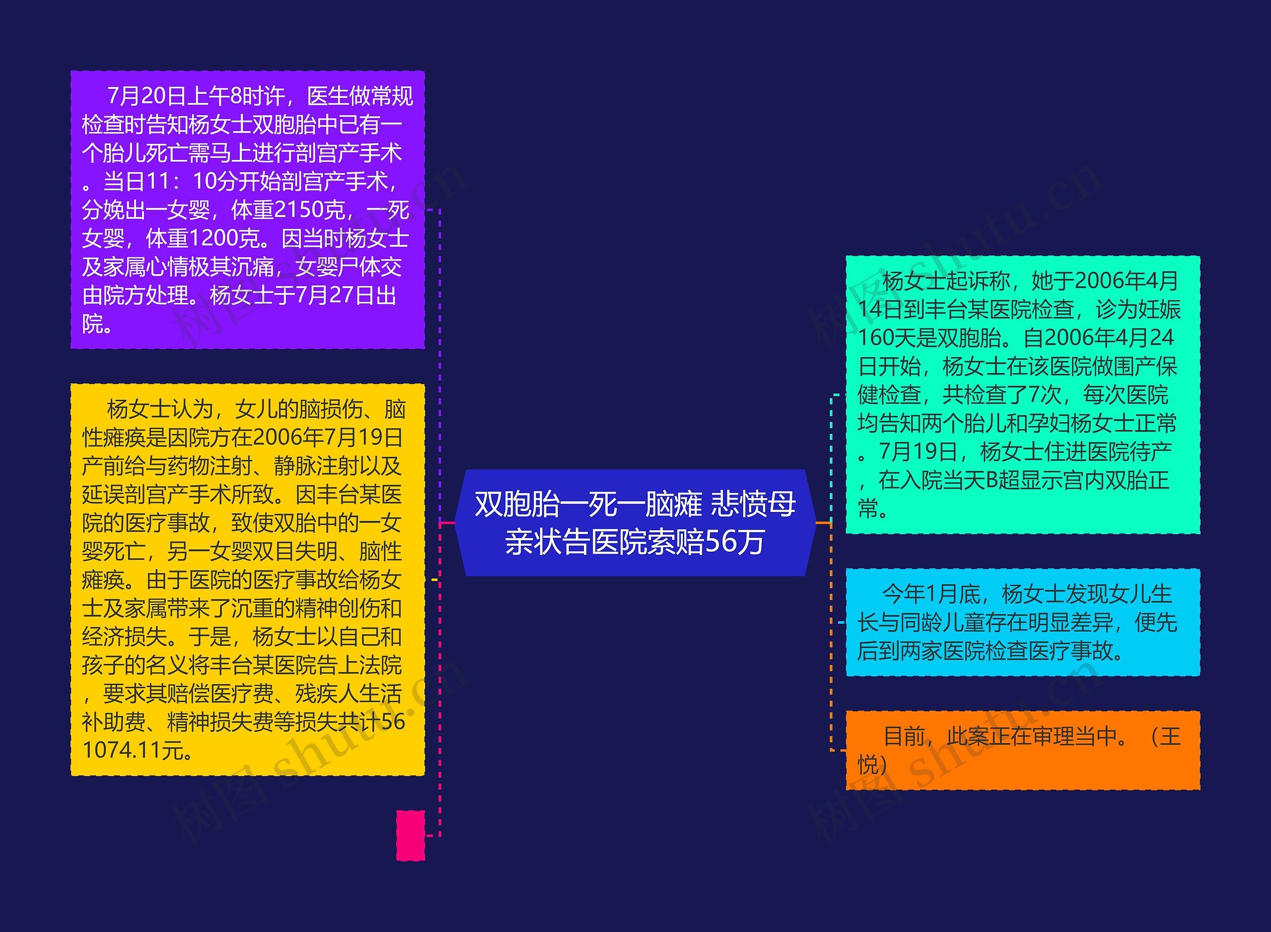 双胞胎一死一脑瘫 悲愤母亲状告医院索赔56万思维导图