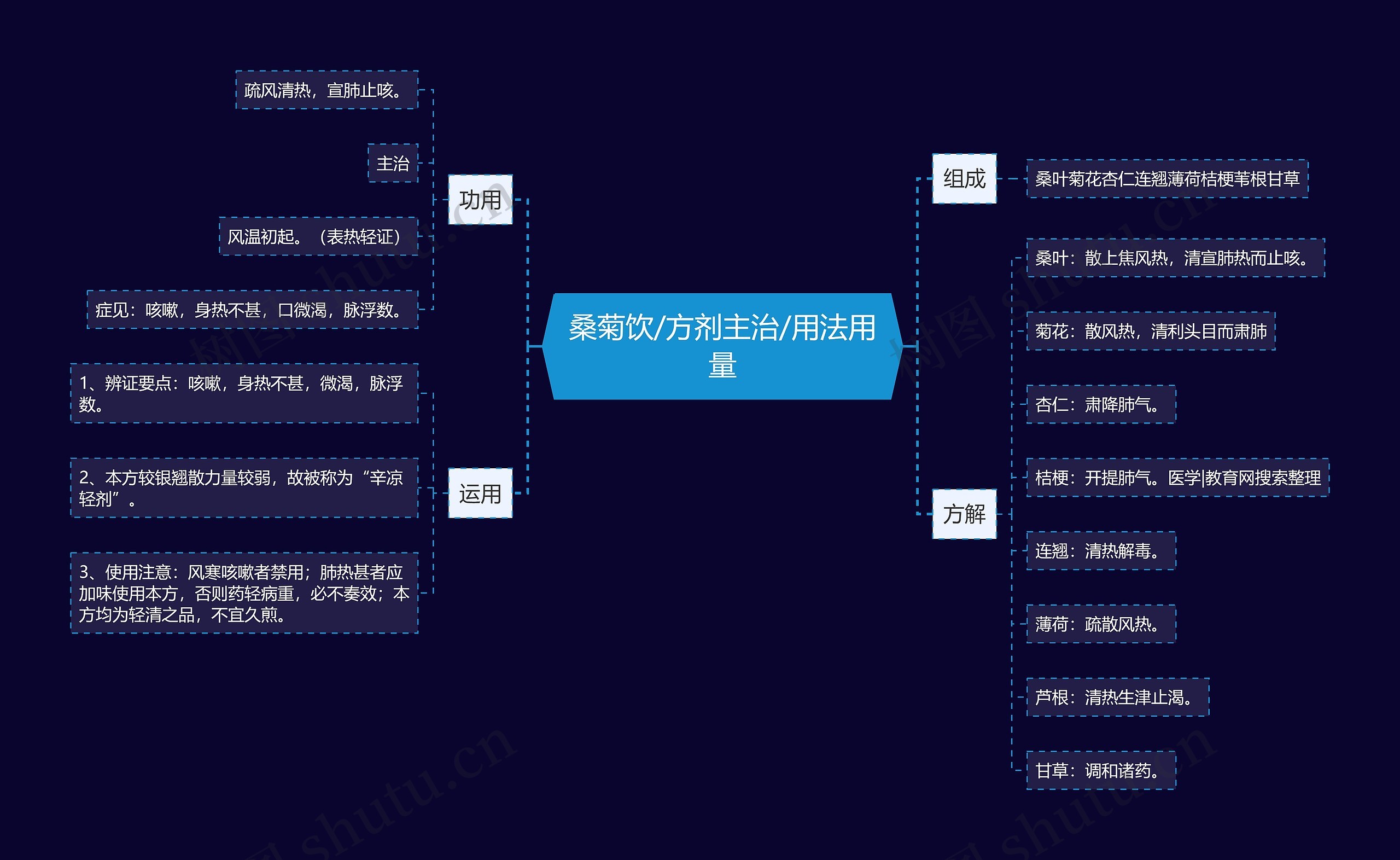 桑菊饮/方剂主治/用法用量思维导图
