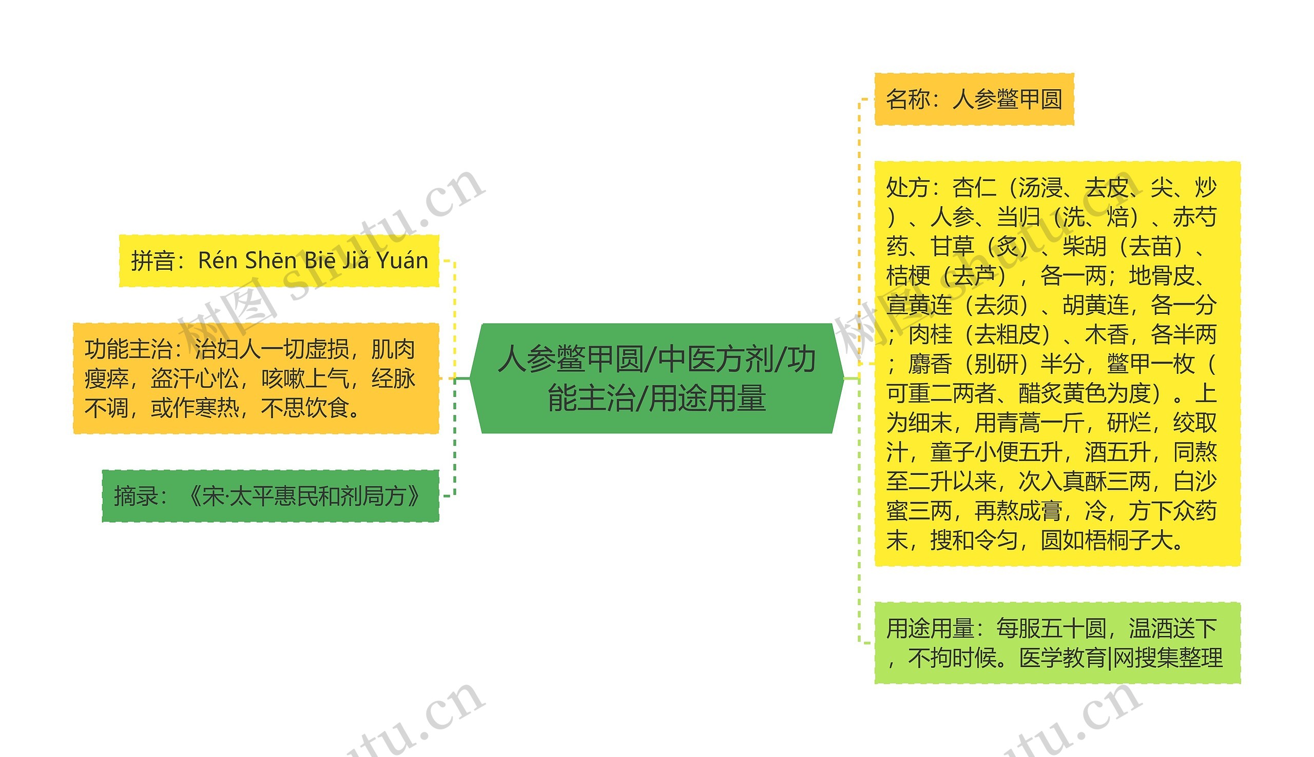 人参鳖甲圆/中医方剂/功能主治/用途用量思维导图