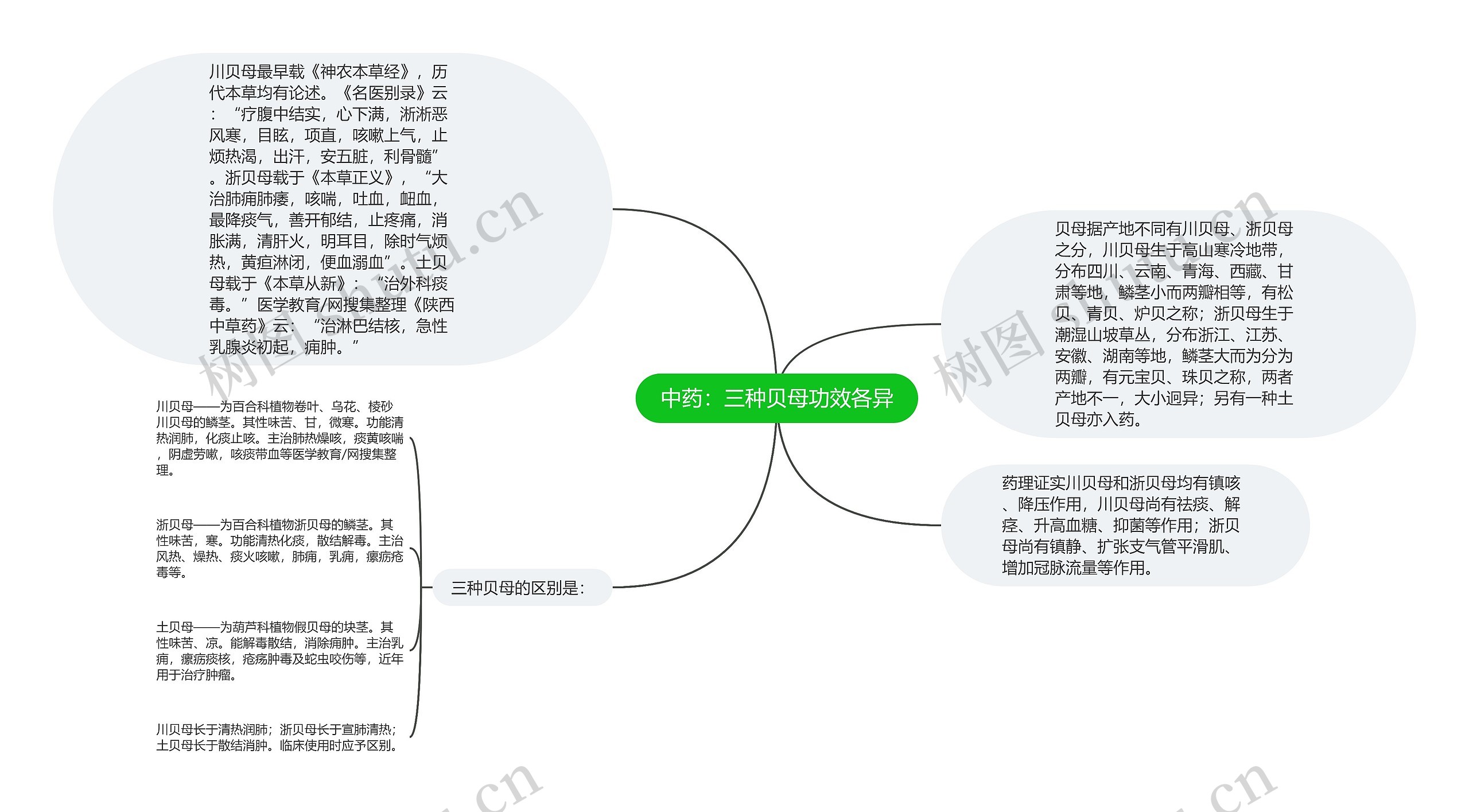 中药：三种贝母功效各异思维导图