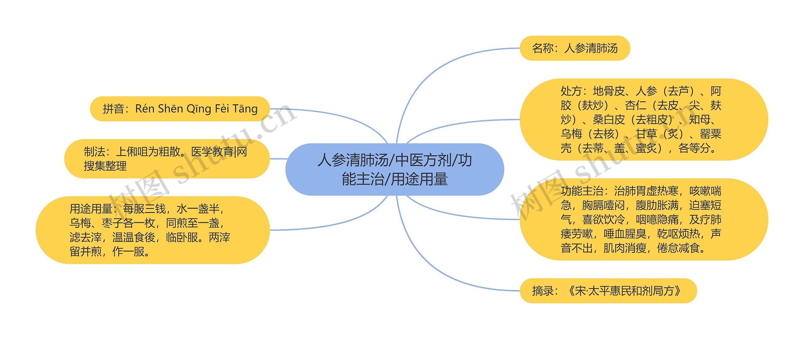 人参清肺汤/中医方剂/功能主治/用途用量思维导图