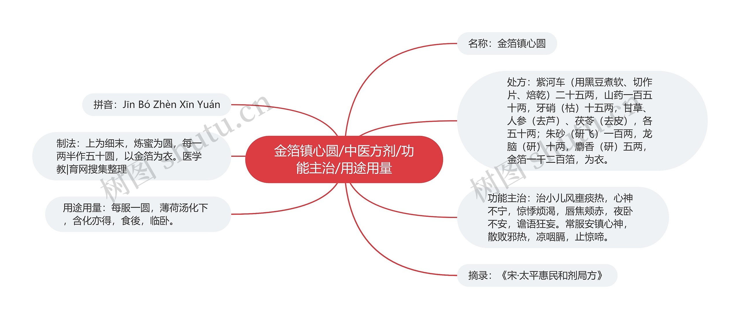 金箔镇心圆/中医方剂/功能主治/用途用量思维导图