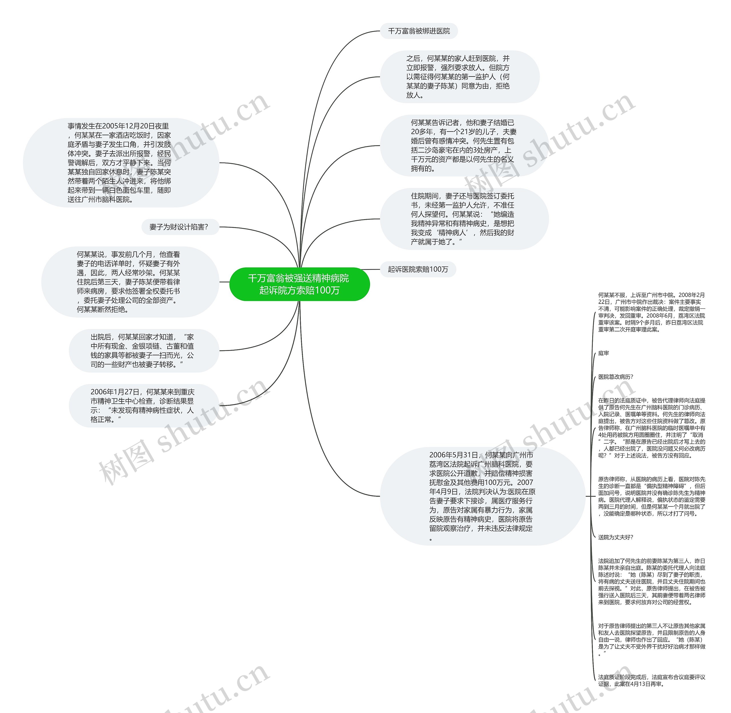 千万富翁被强送精神病院 起诉院方索赔100万思维导图