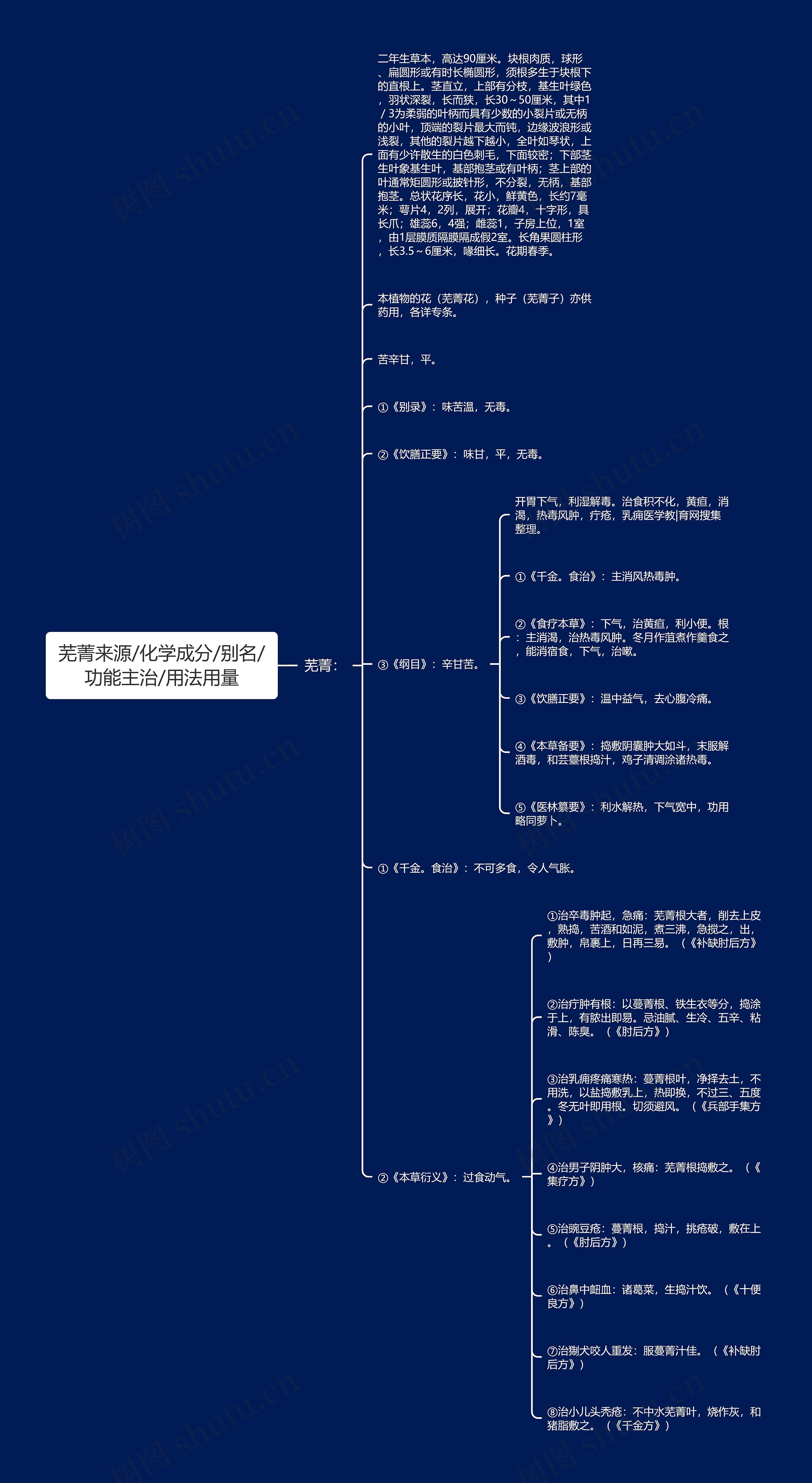 芜菁来源/化学成分/别名/功能主治/用法用量思维导图