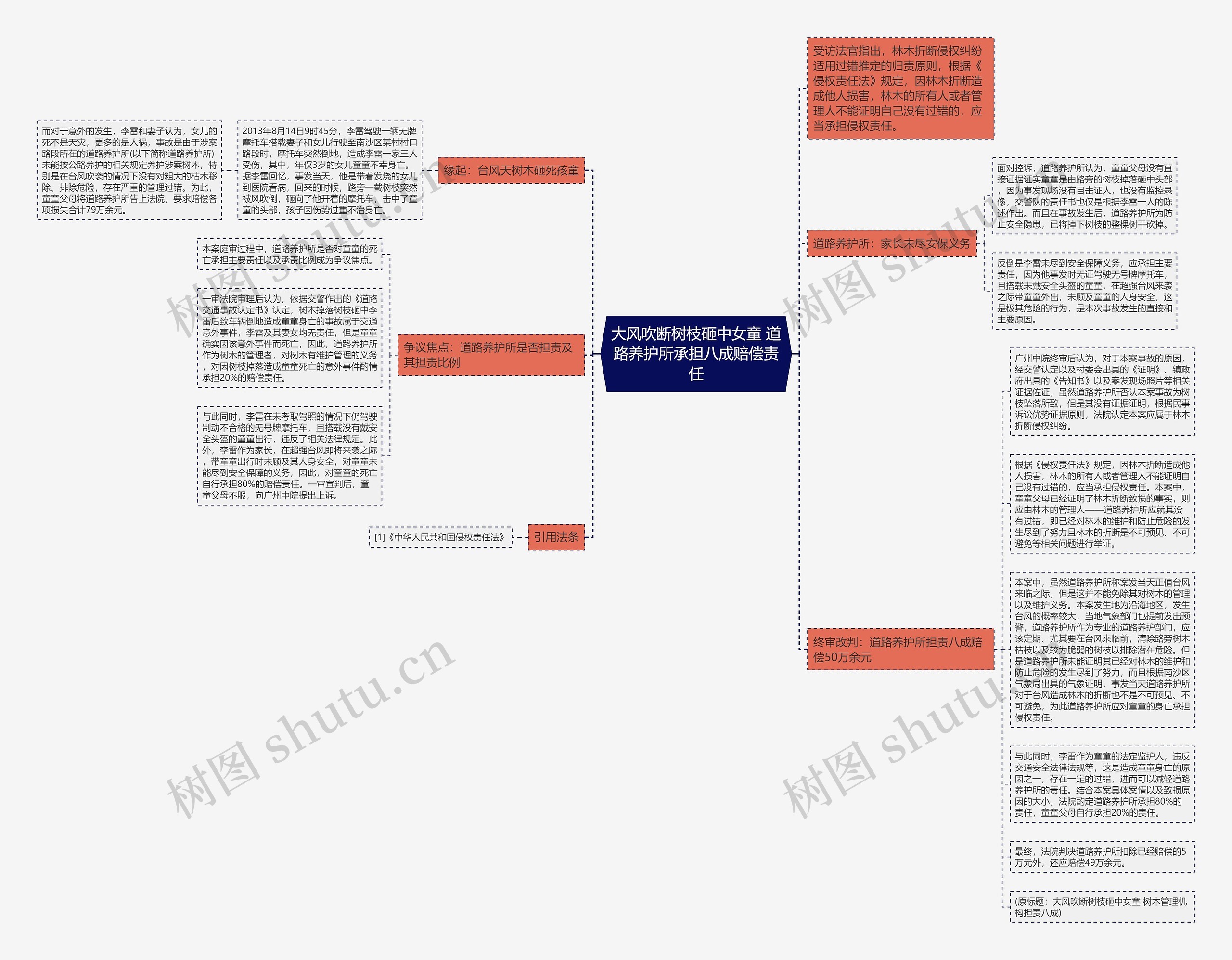 大风吹断树枝砸中女童 道路养护所承担八成赔偿责任思维导图
