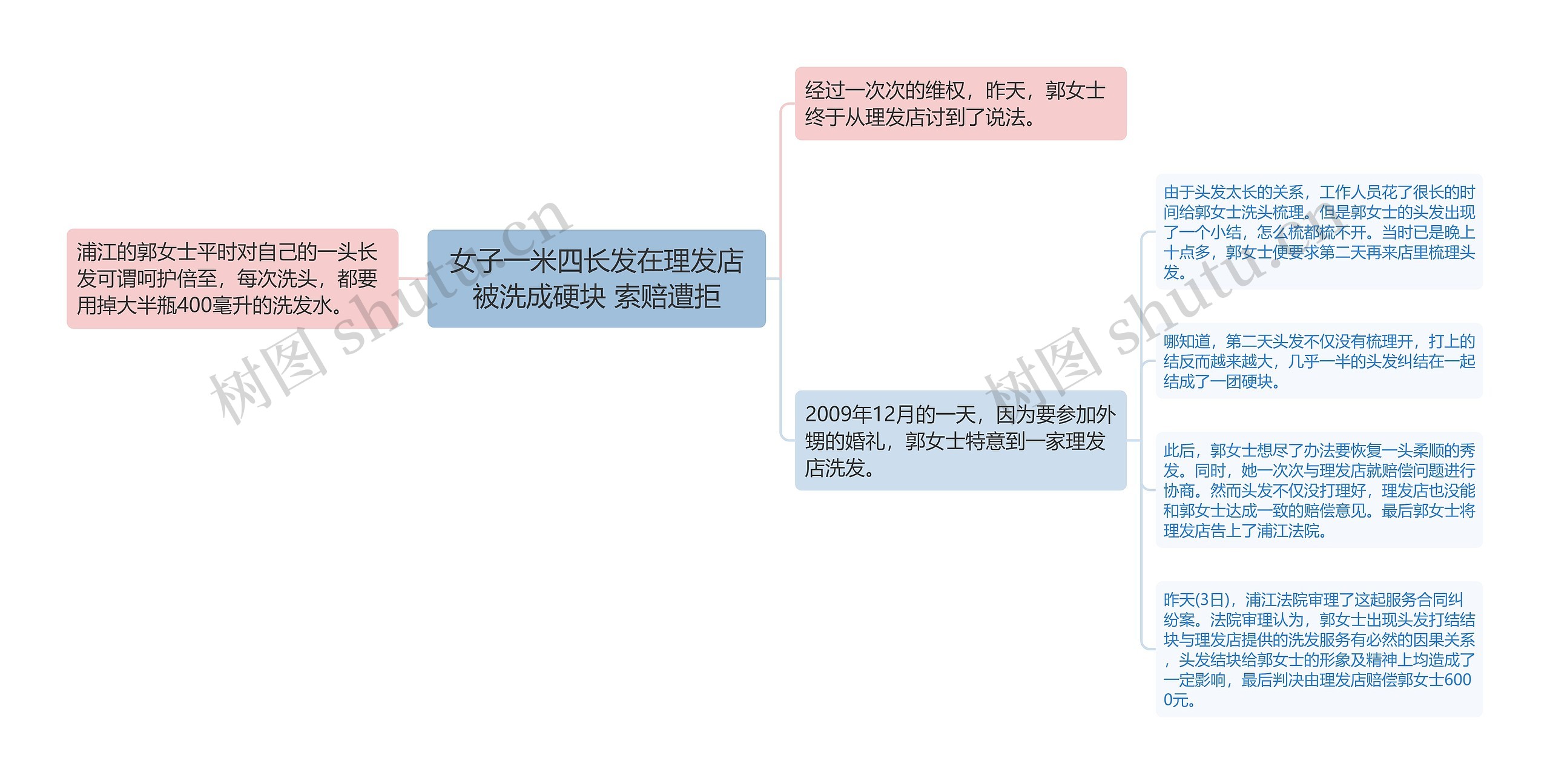 女子一米四长发在理发店被洗成硬块 索赔遭拒思维导图