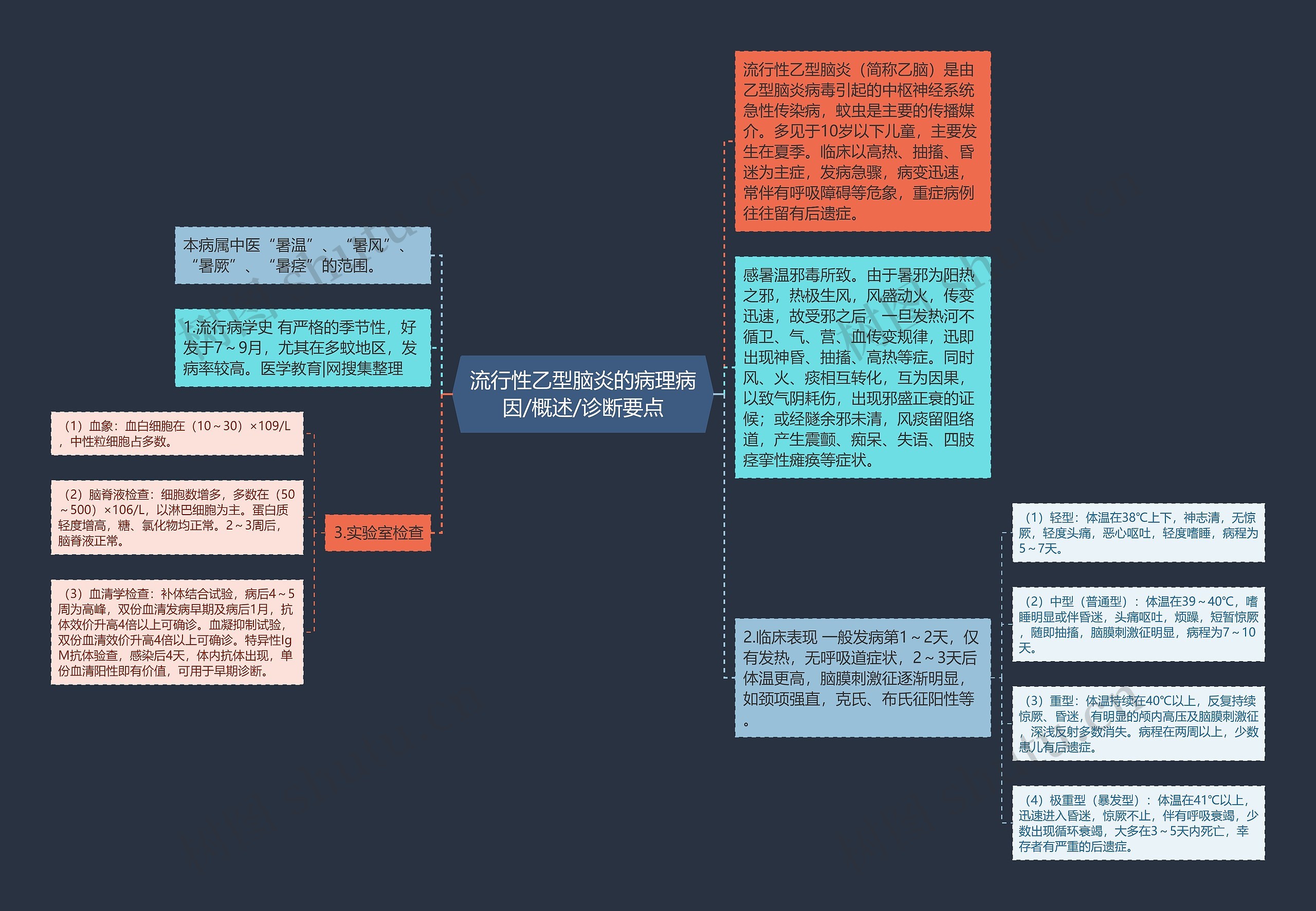 流行性乙型脑炎的病理病因/概述/诊断要点思维导图