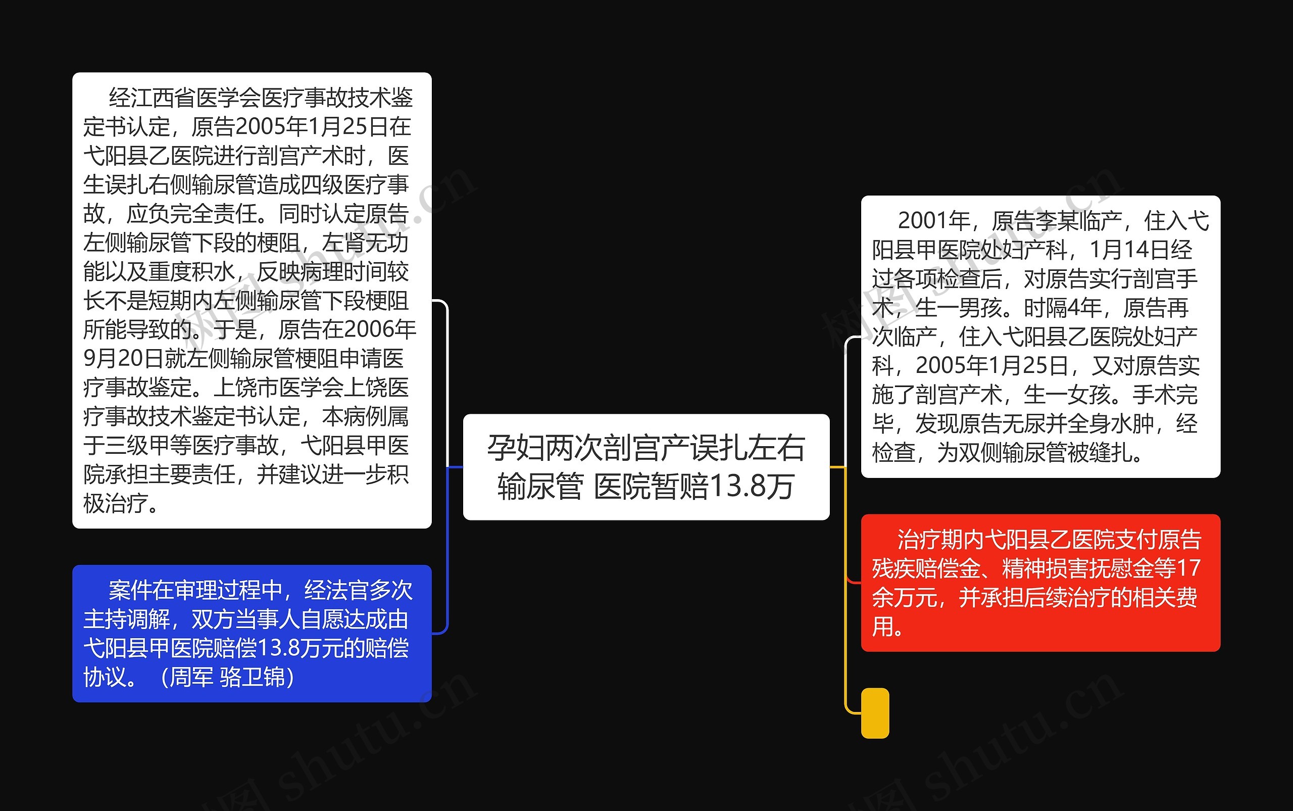 孕妇两次剖宫产误扎左右输尿管 医院暂赔13.8万思维导图