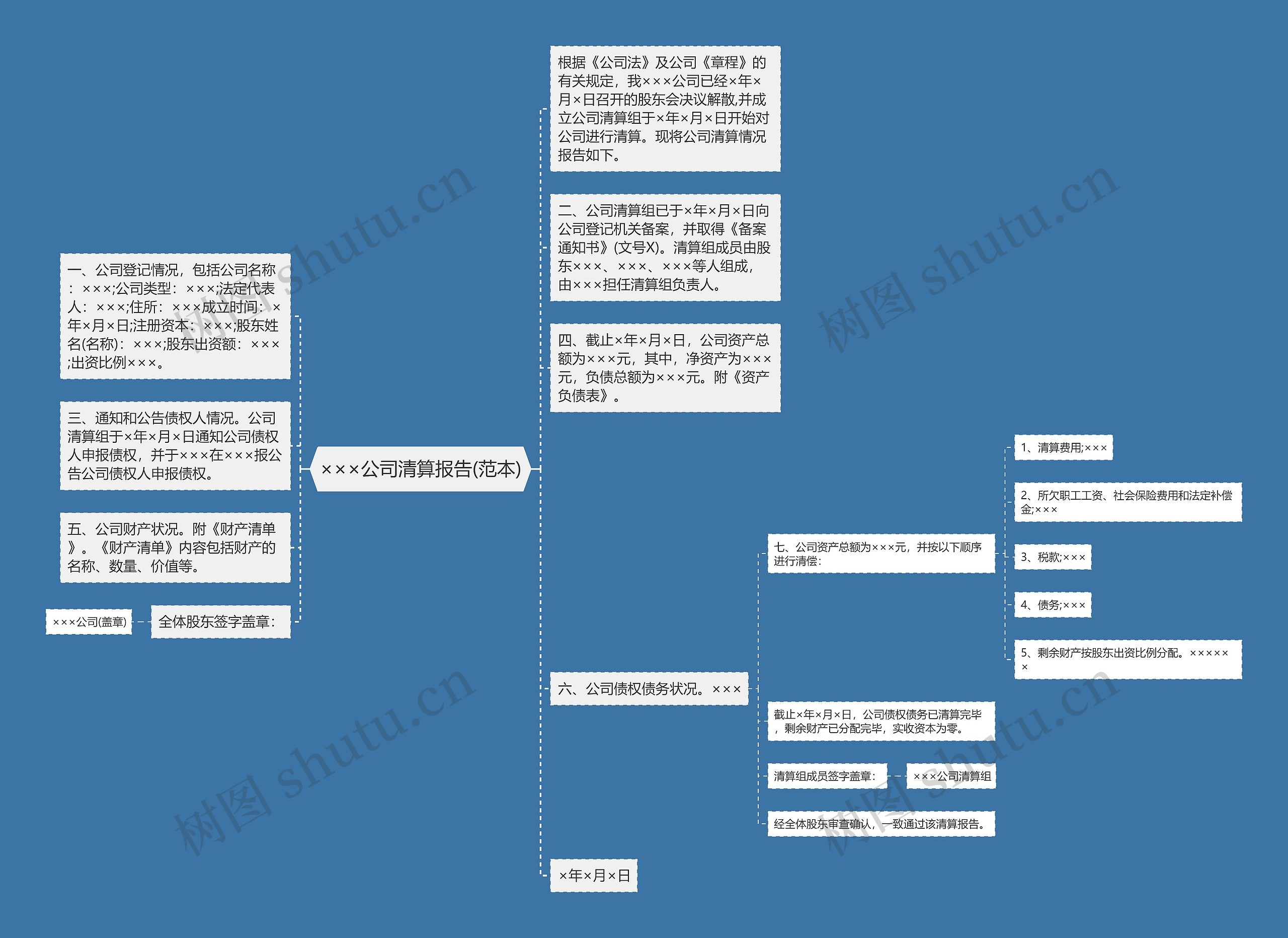 ×××公司清算报告(范本)思维导图