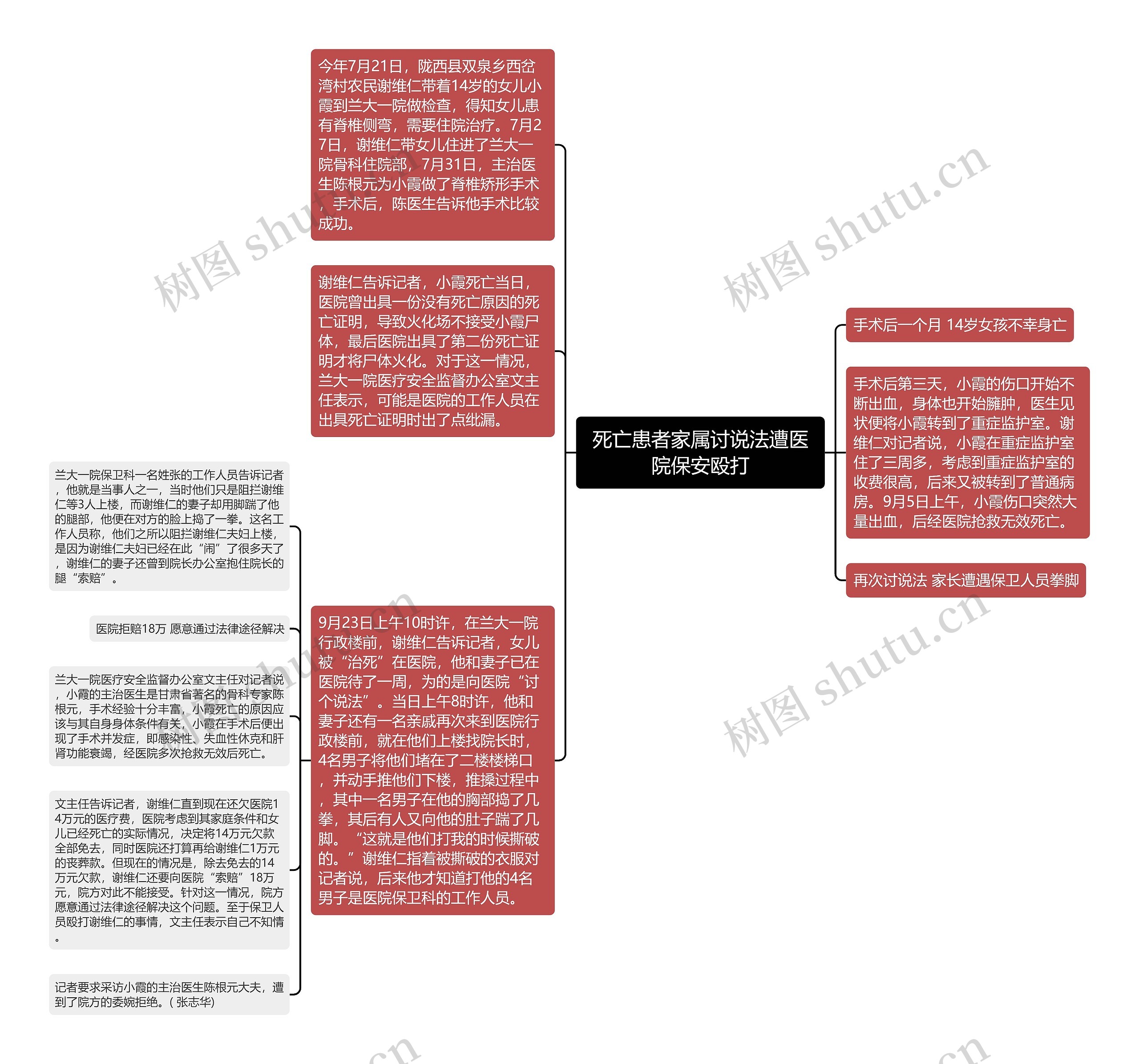 死亡患者家属讨说法遭医院保安殴打思维导图