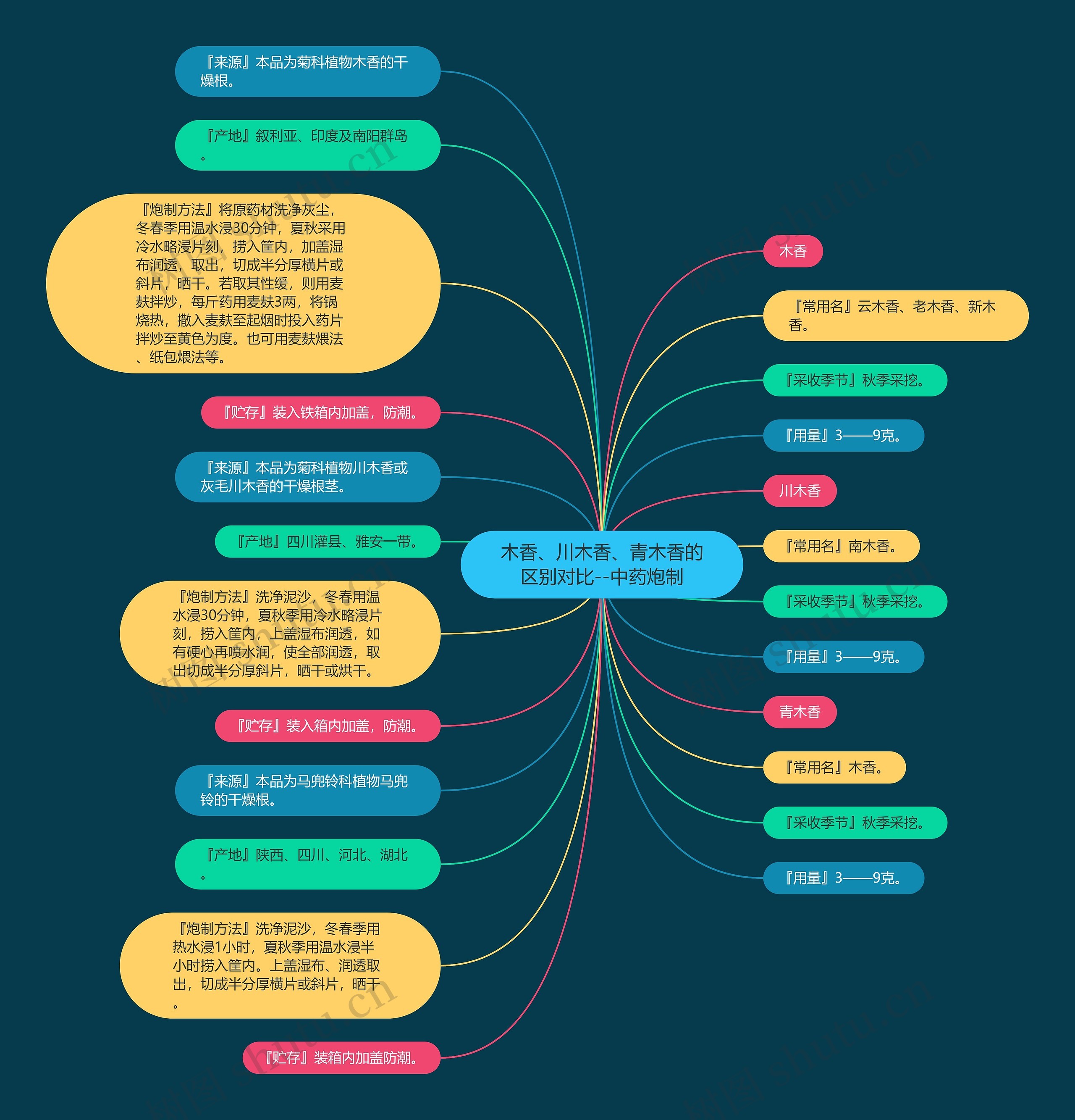木香、川木香、青木香的区别对比--中药炮制思维导图