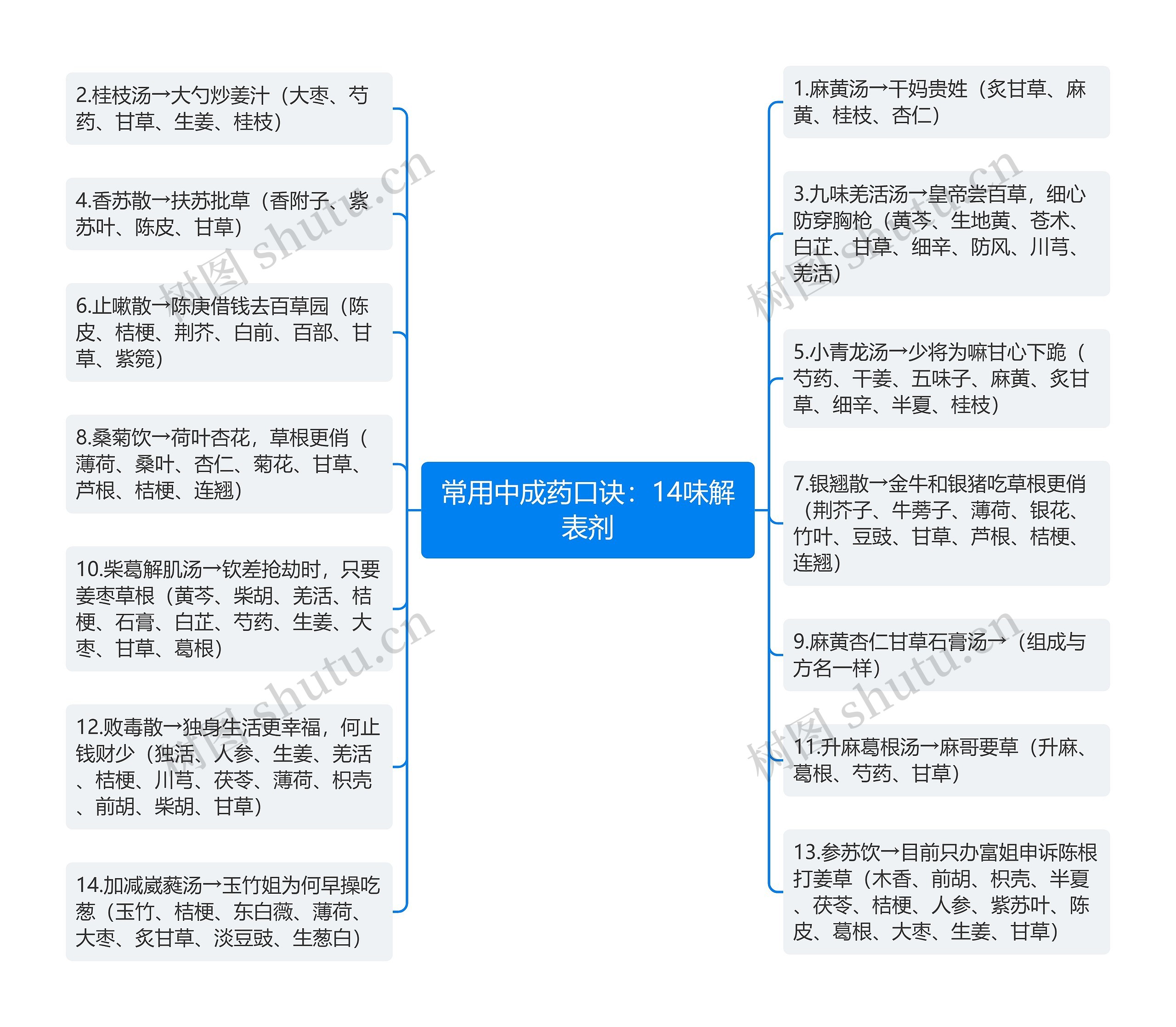 常用中成药口诀：14味解表剂思维导图