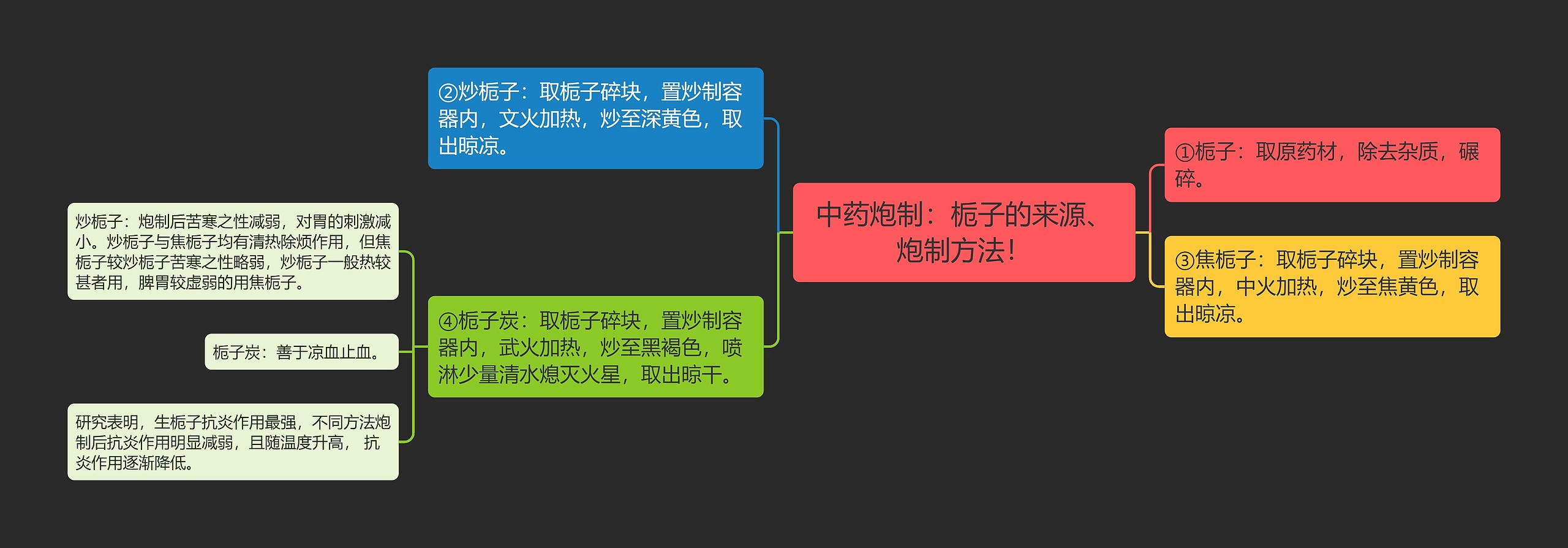 中药炮制：栀子的来源、炮制方法！思维导图