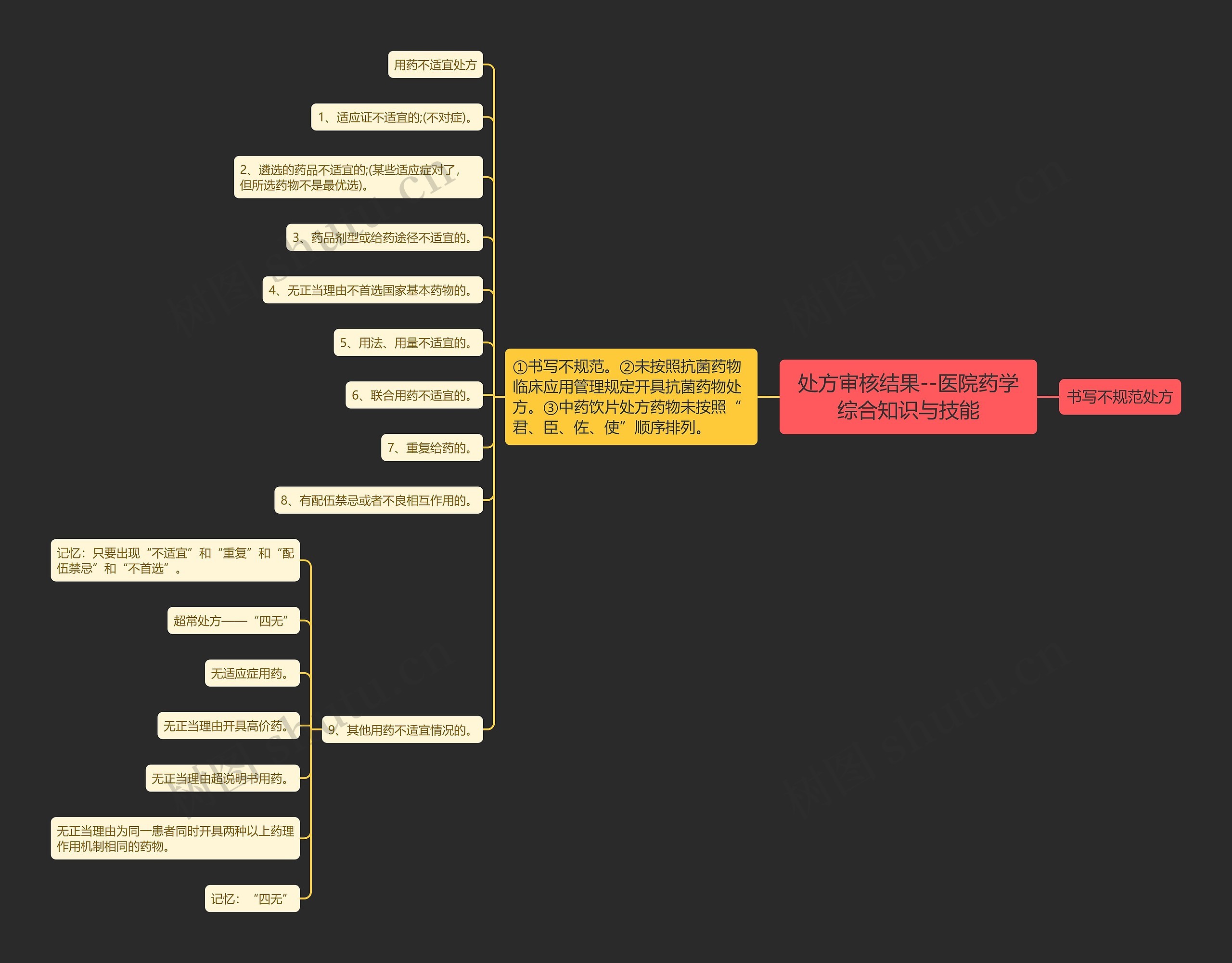 处方审核结果--医院药学综合知识与技能思维导图