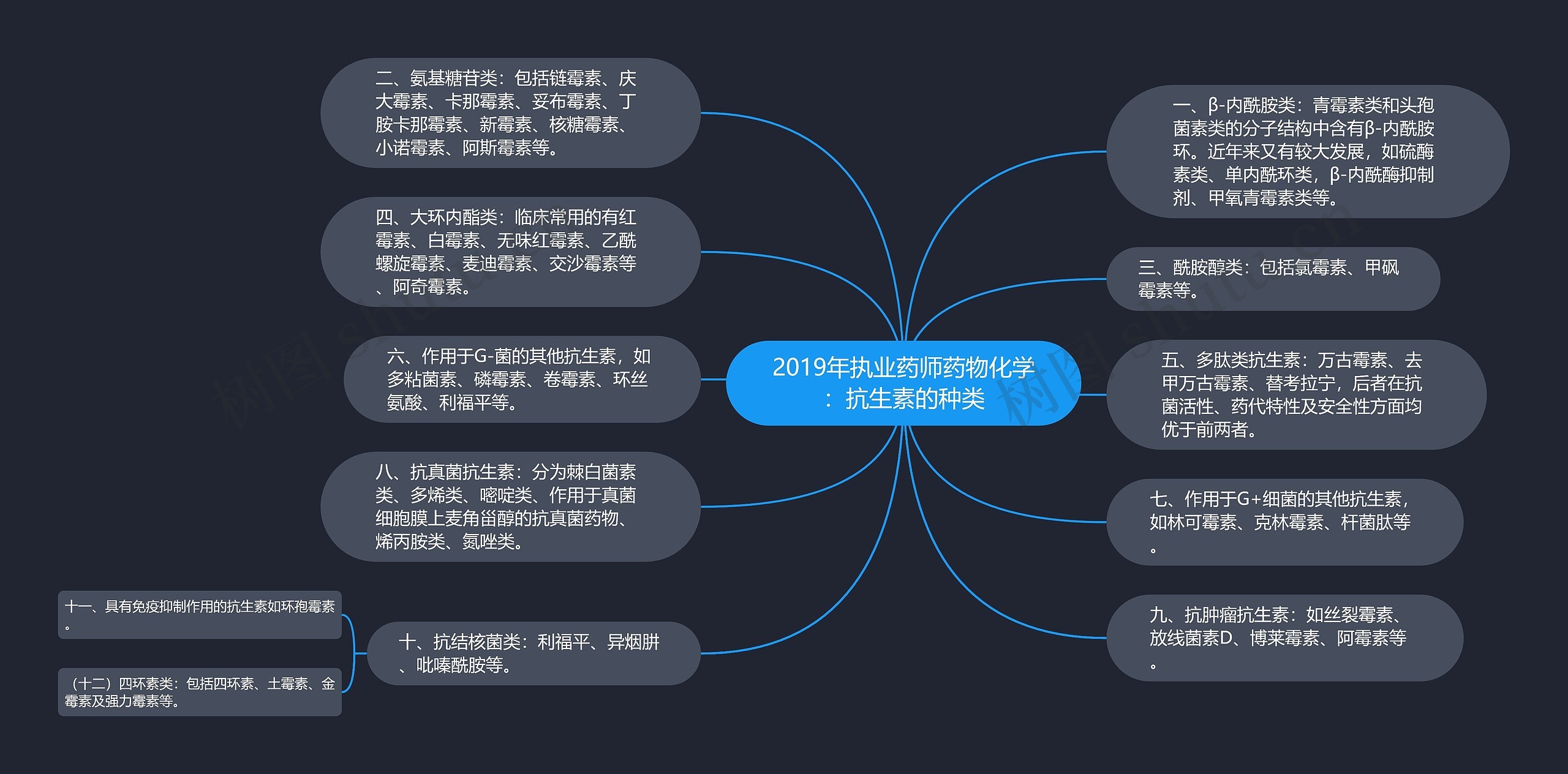 2019年执业药师药物化学：抗生素的种类思维导图