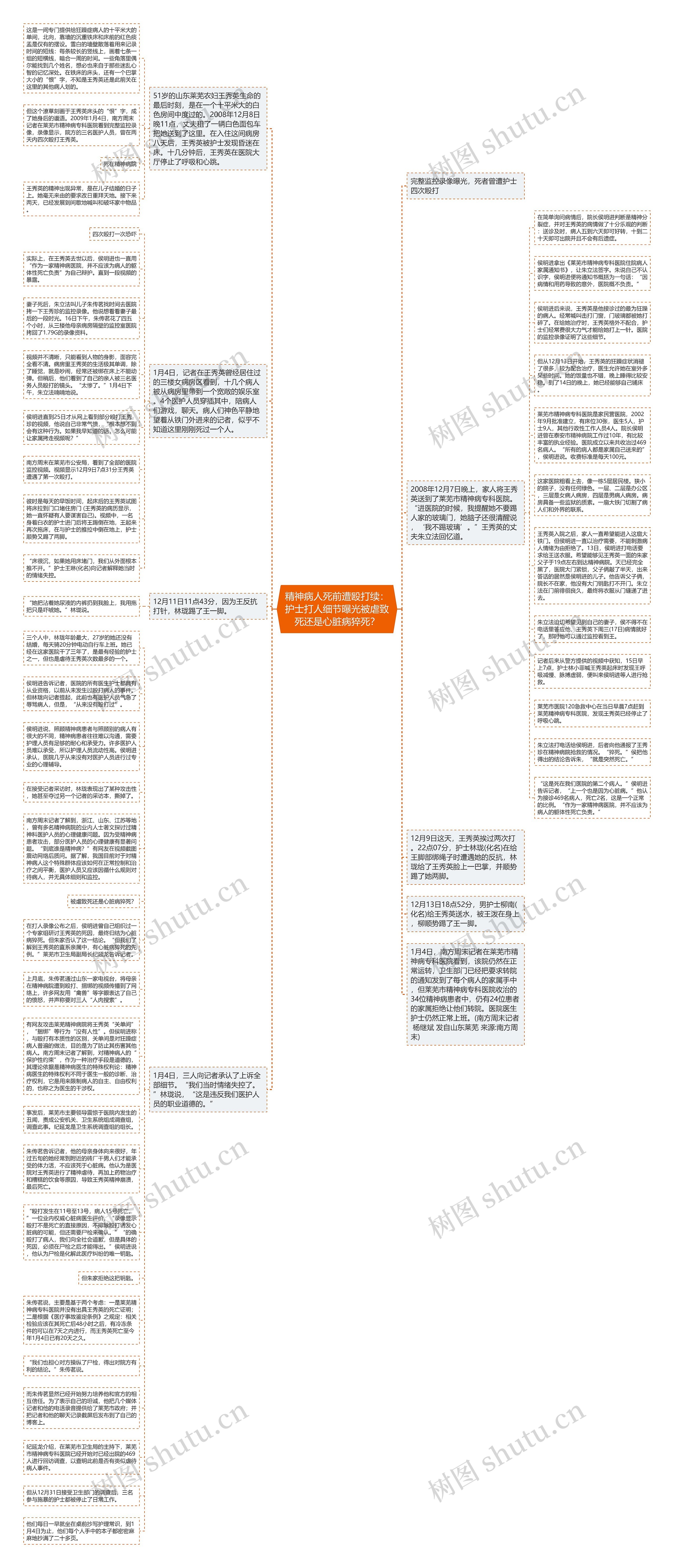 精神病人死前遭殴打续：护士打人细节曝光被虐致死还是心脏病猝死？思维导图