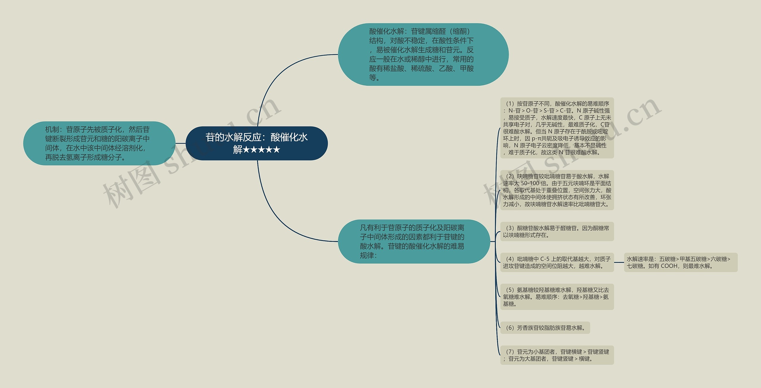 苷的水解反应：酸催化水解★★★★★思维导图