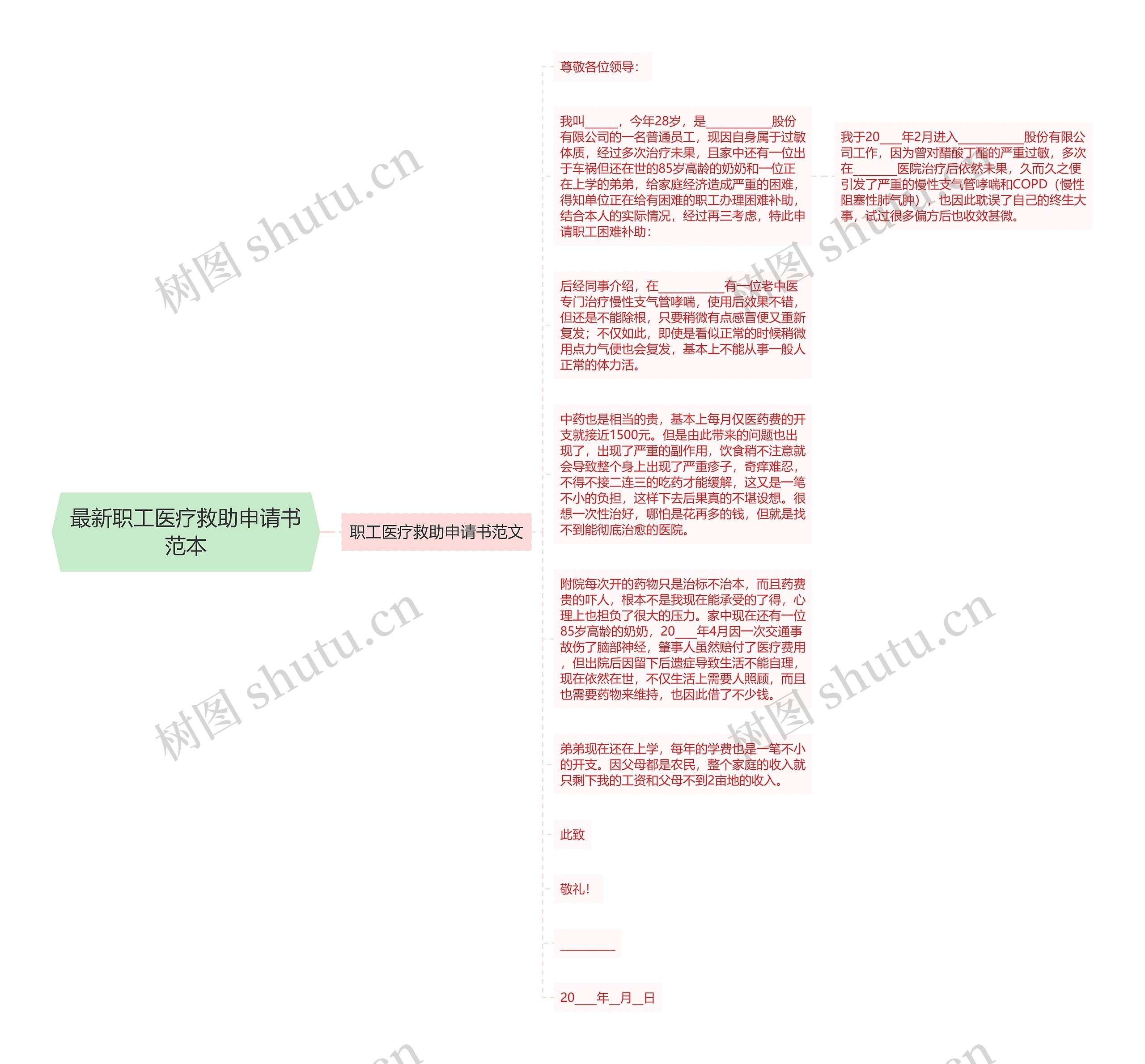 最新职工医疗救助申请书范本思维导图