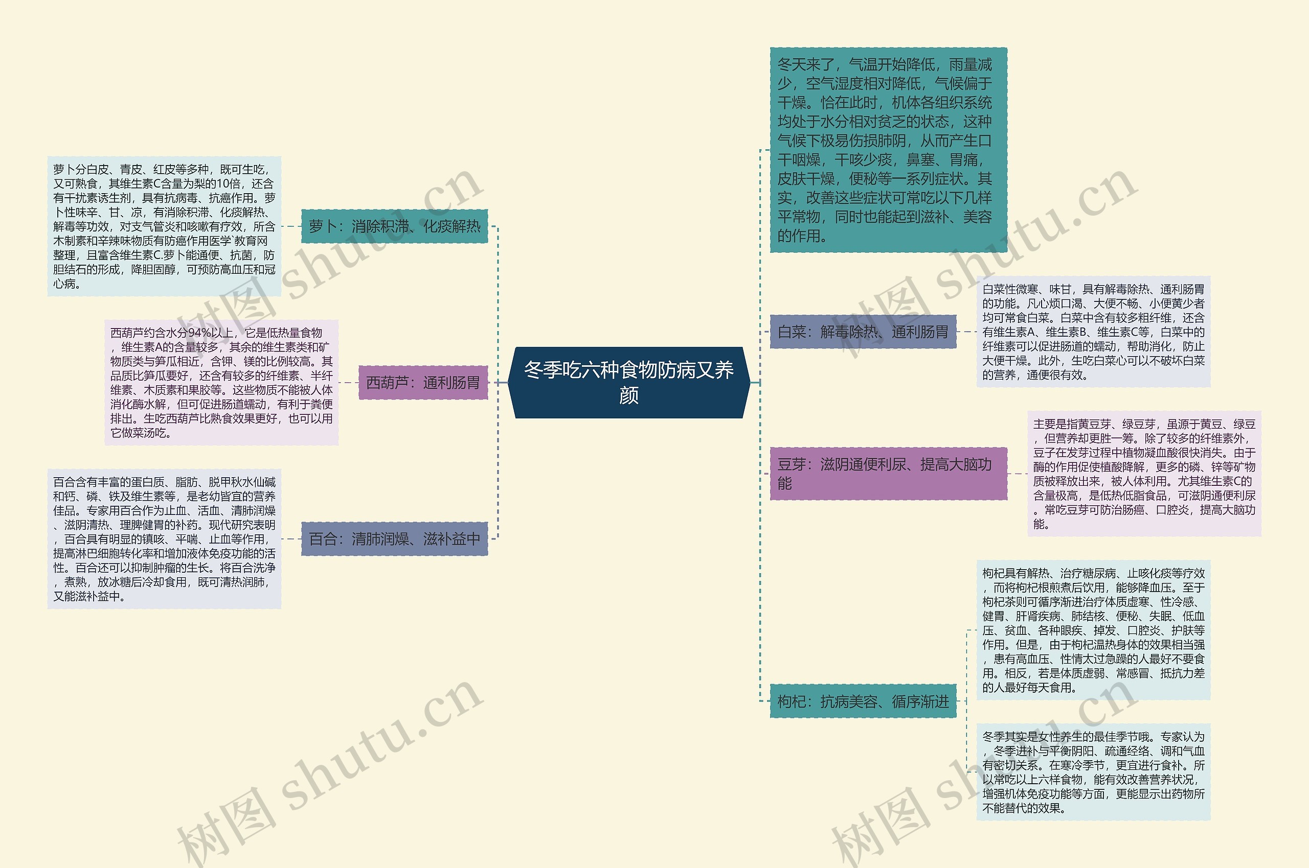 冬季吃六种食物防病又养颜思维导图