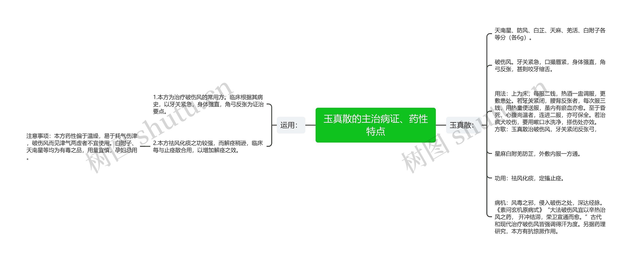 玉真散的主治病证、药性特点思维导图