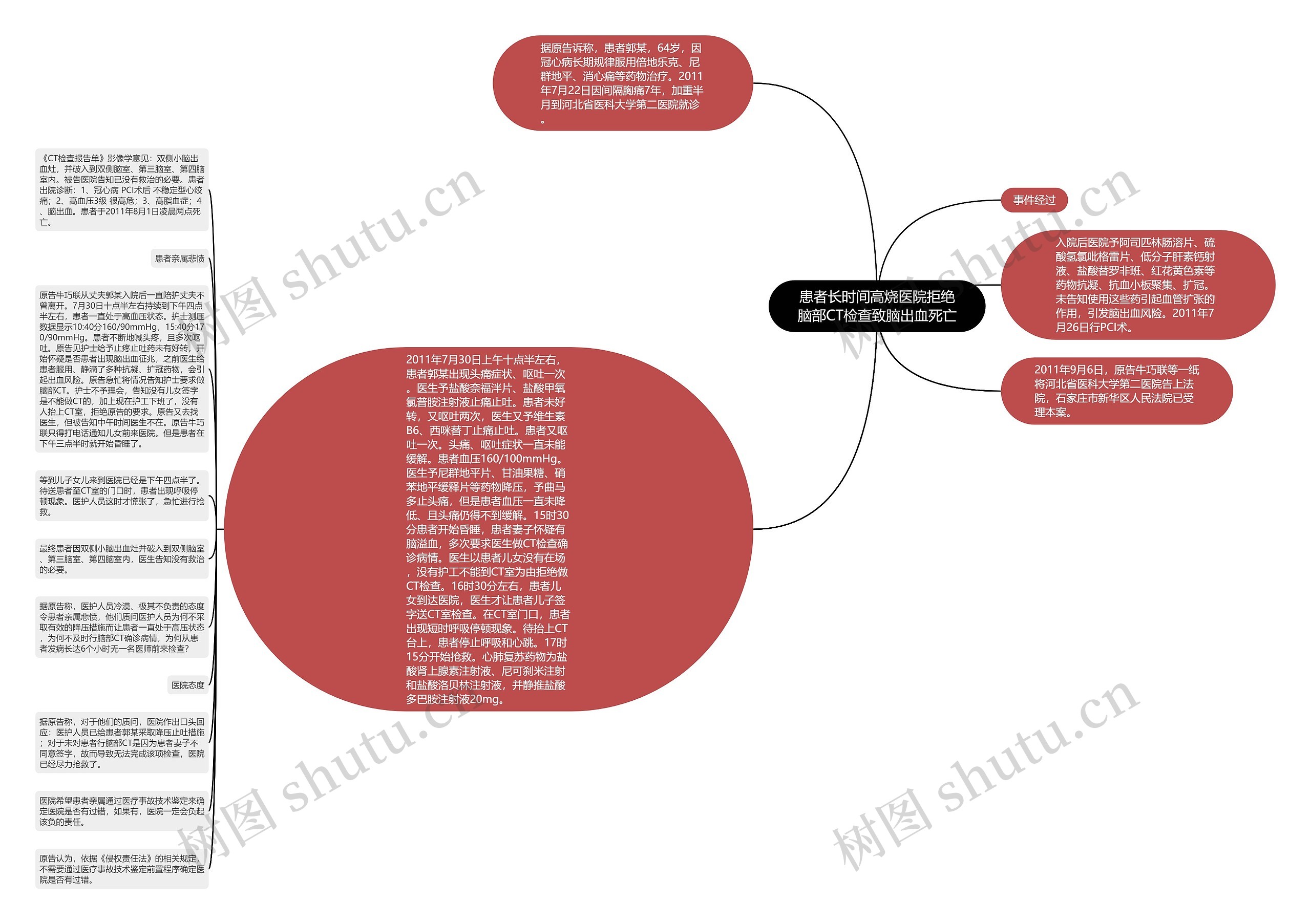 患者长时间高烧医院拒绝脑部CT检查致脑出血死亡思维导图