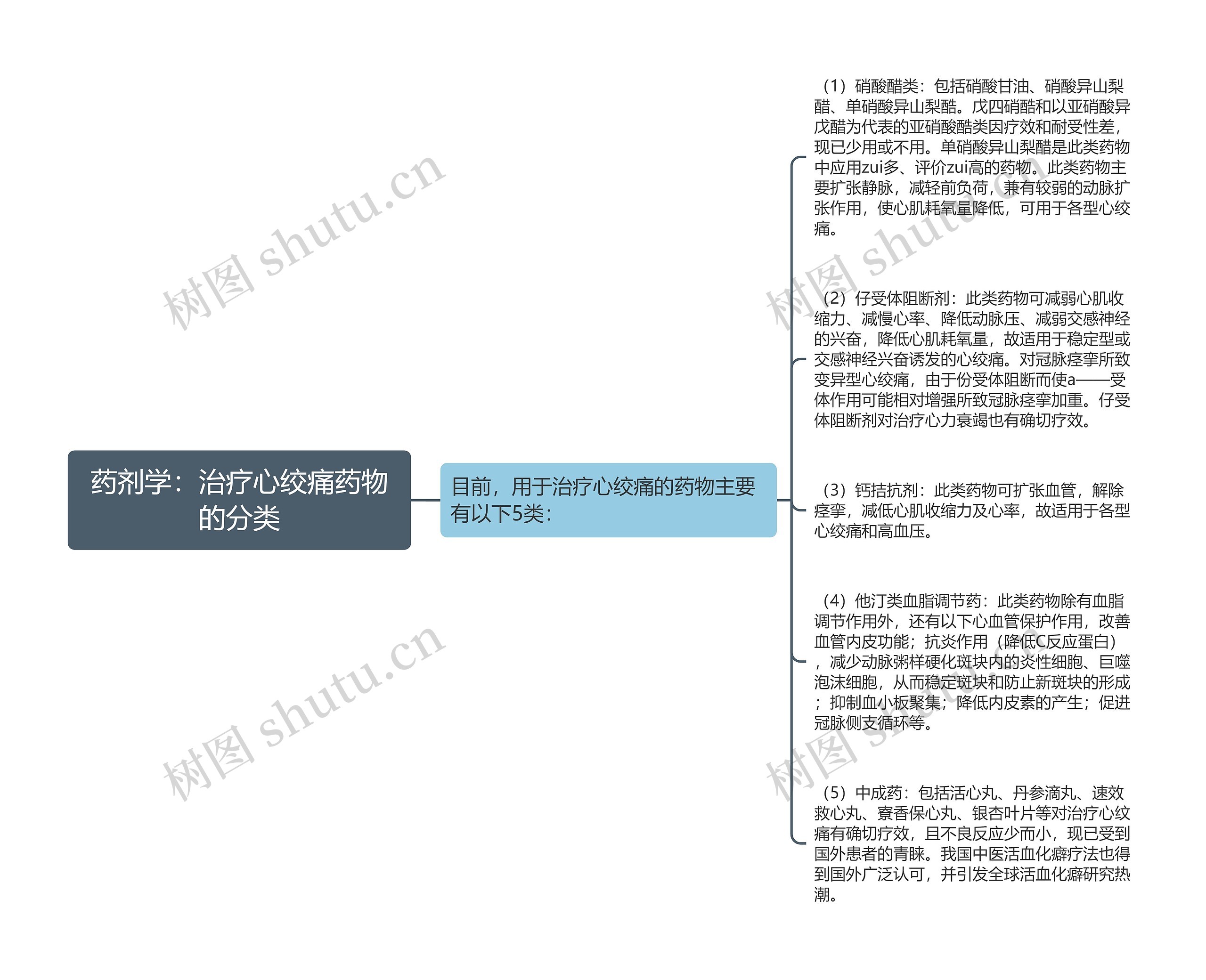 药剂学：治疗心绞痛药物的分类思维导图