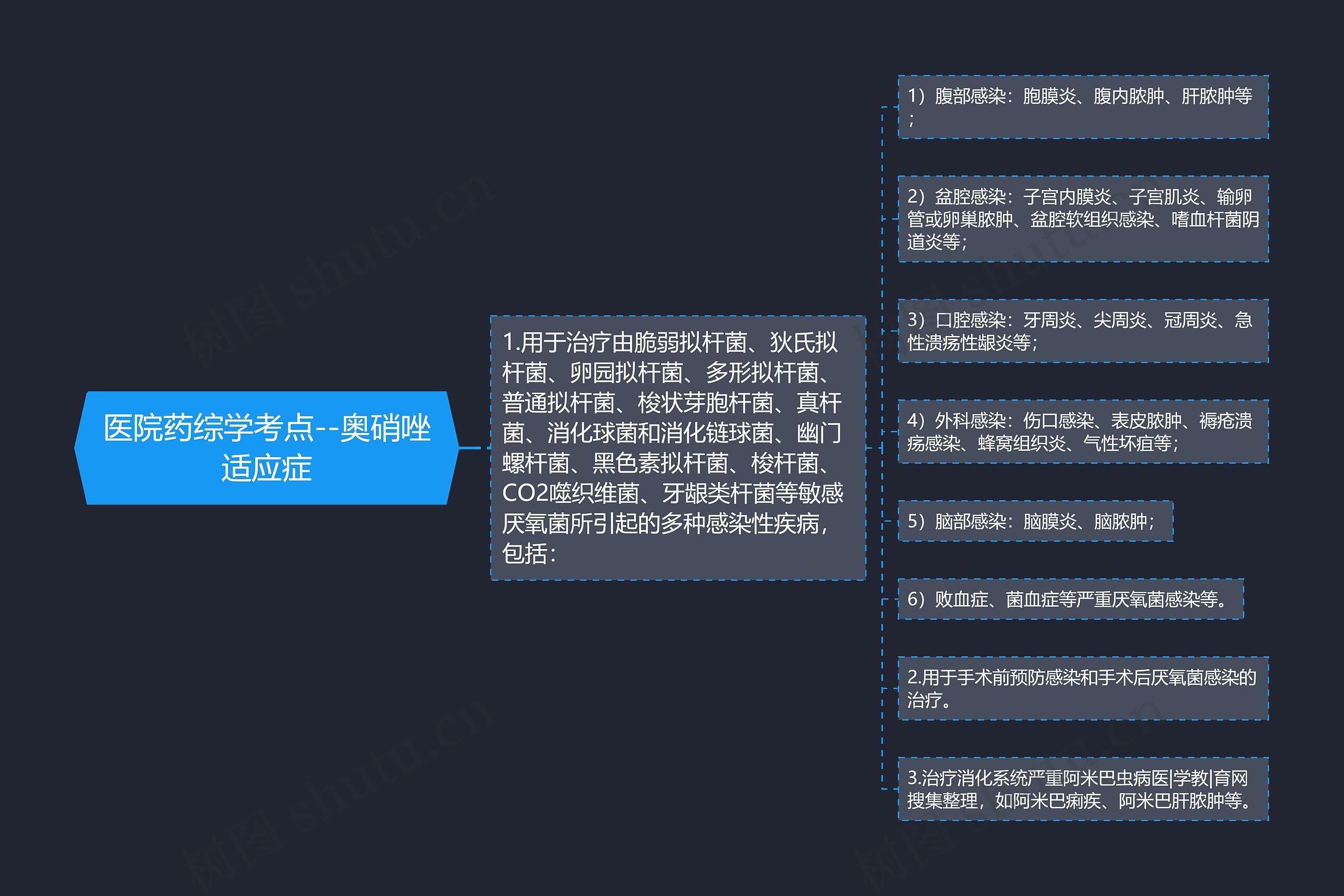 医院药综学考点--奥硝唑适应症思维导图