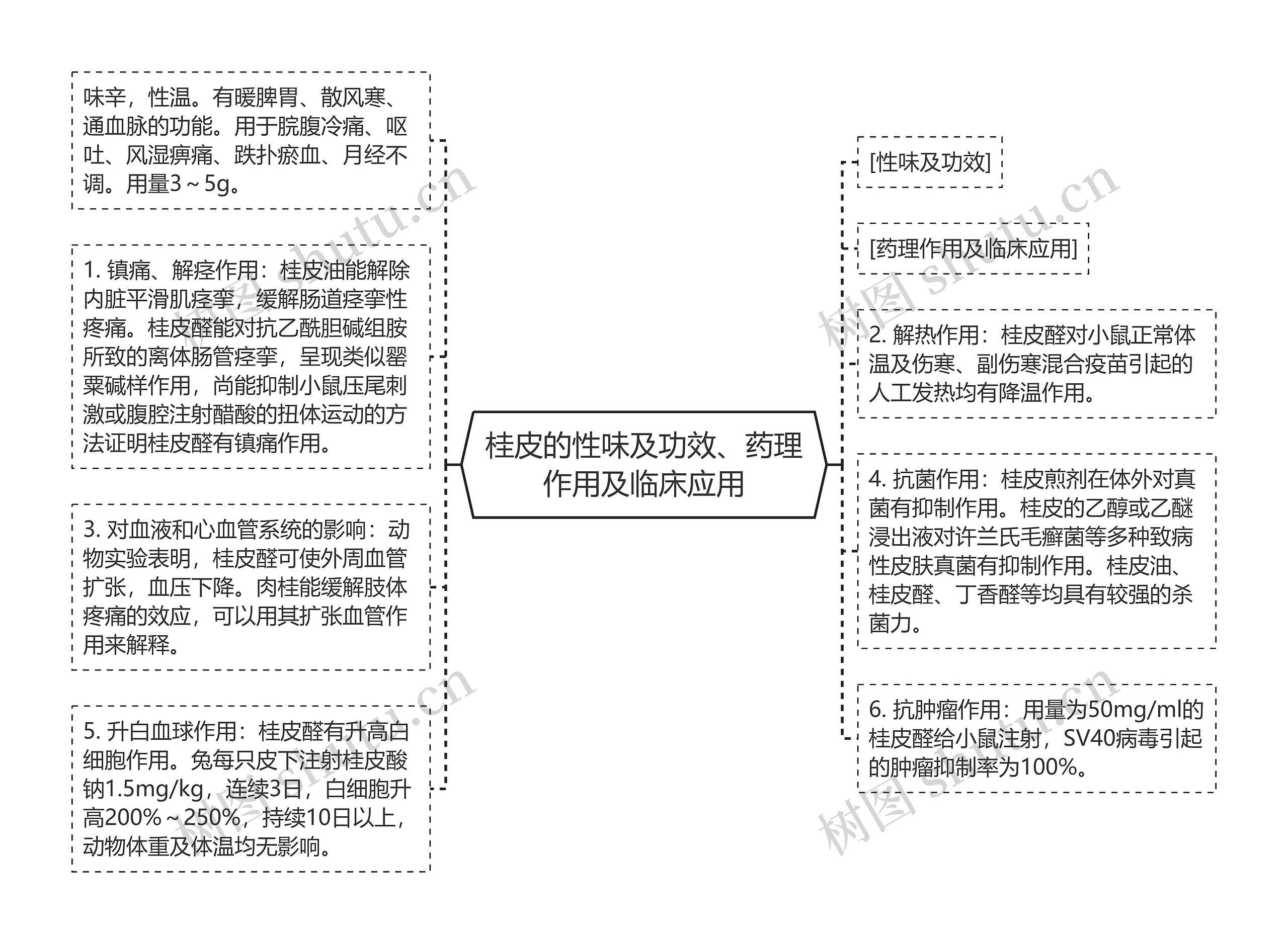 桂皮的性味及功效、药理作用及临床应用思维导图