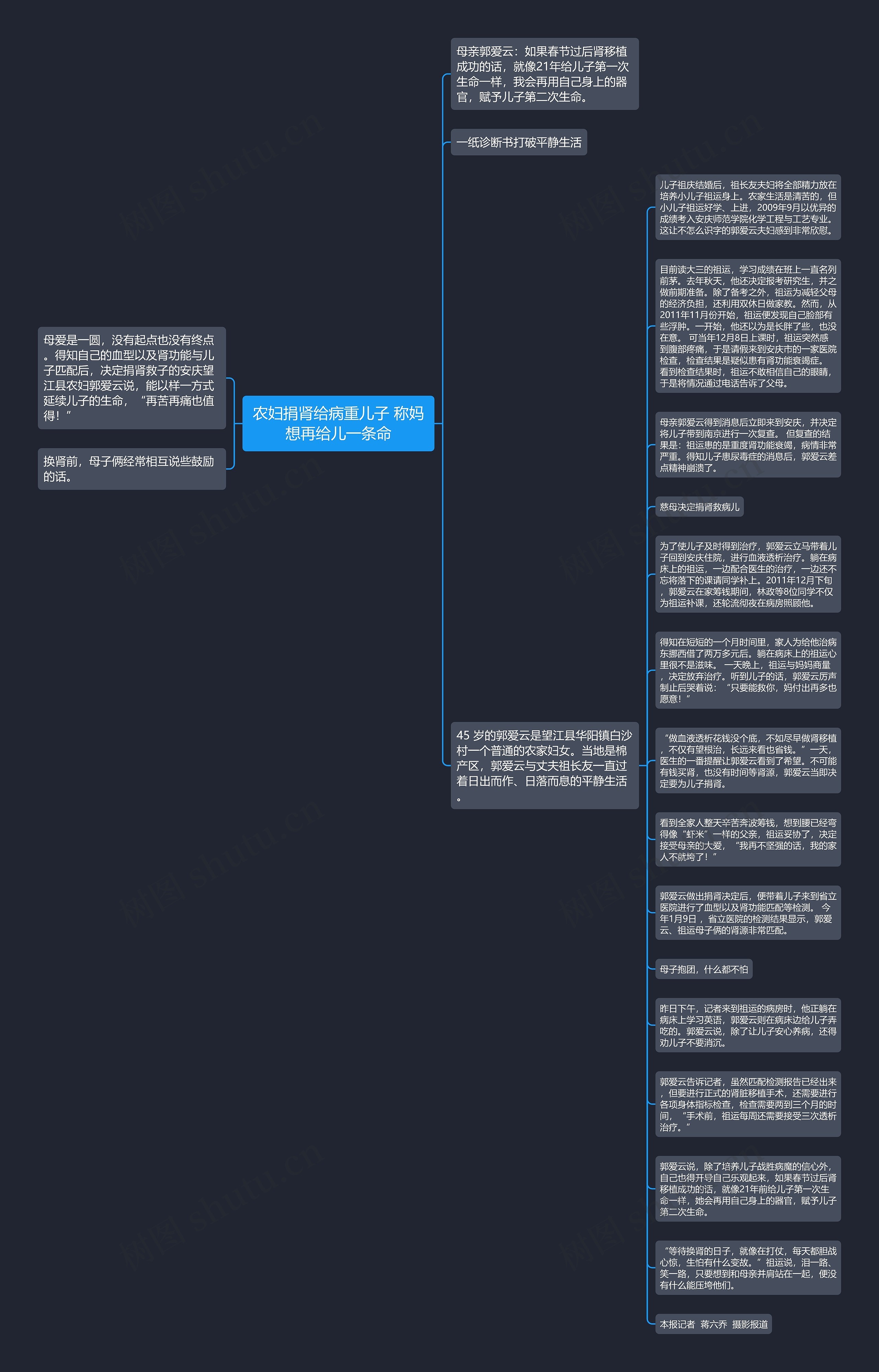 农妇捐肾给病重儿子 称妈想再给儿一条命思维导图