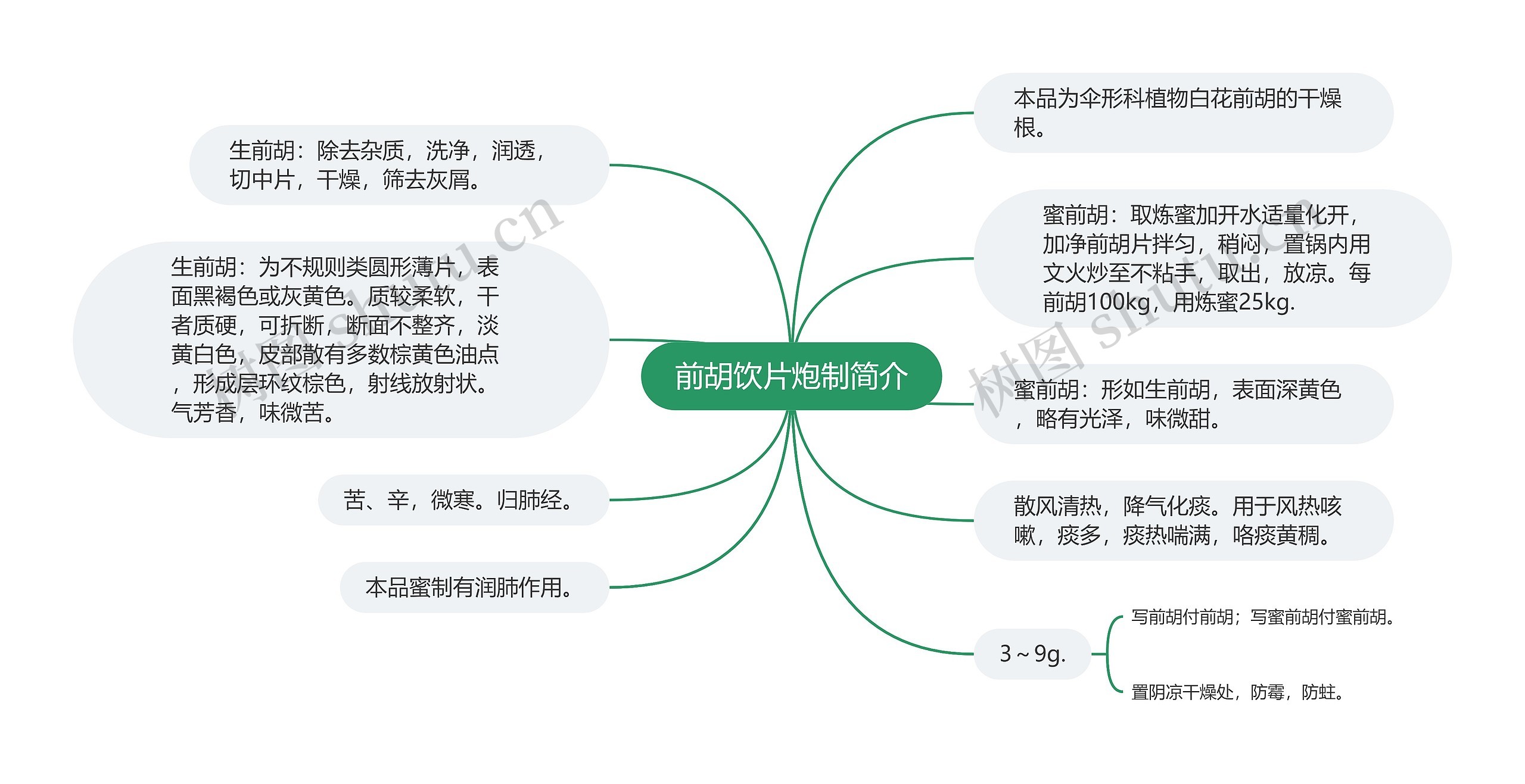 前胡饮片炮制简介思维导图