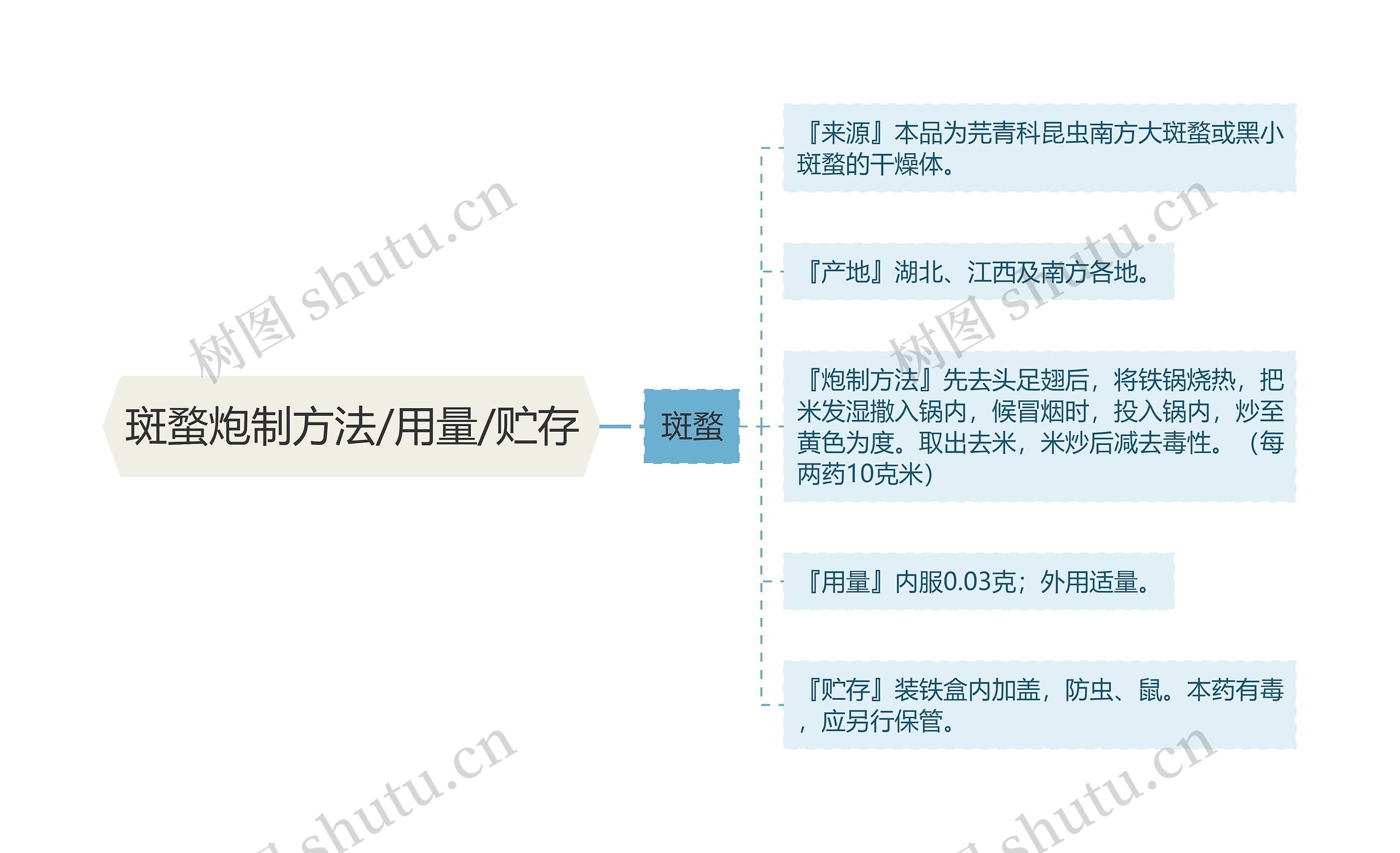 斑蝥炮制方法/用量/贮存思维导图