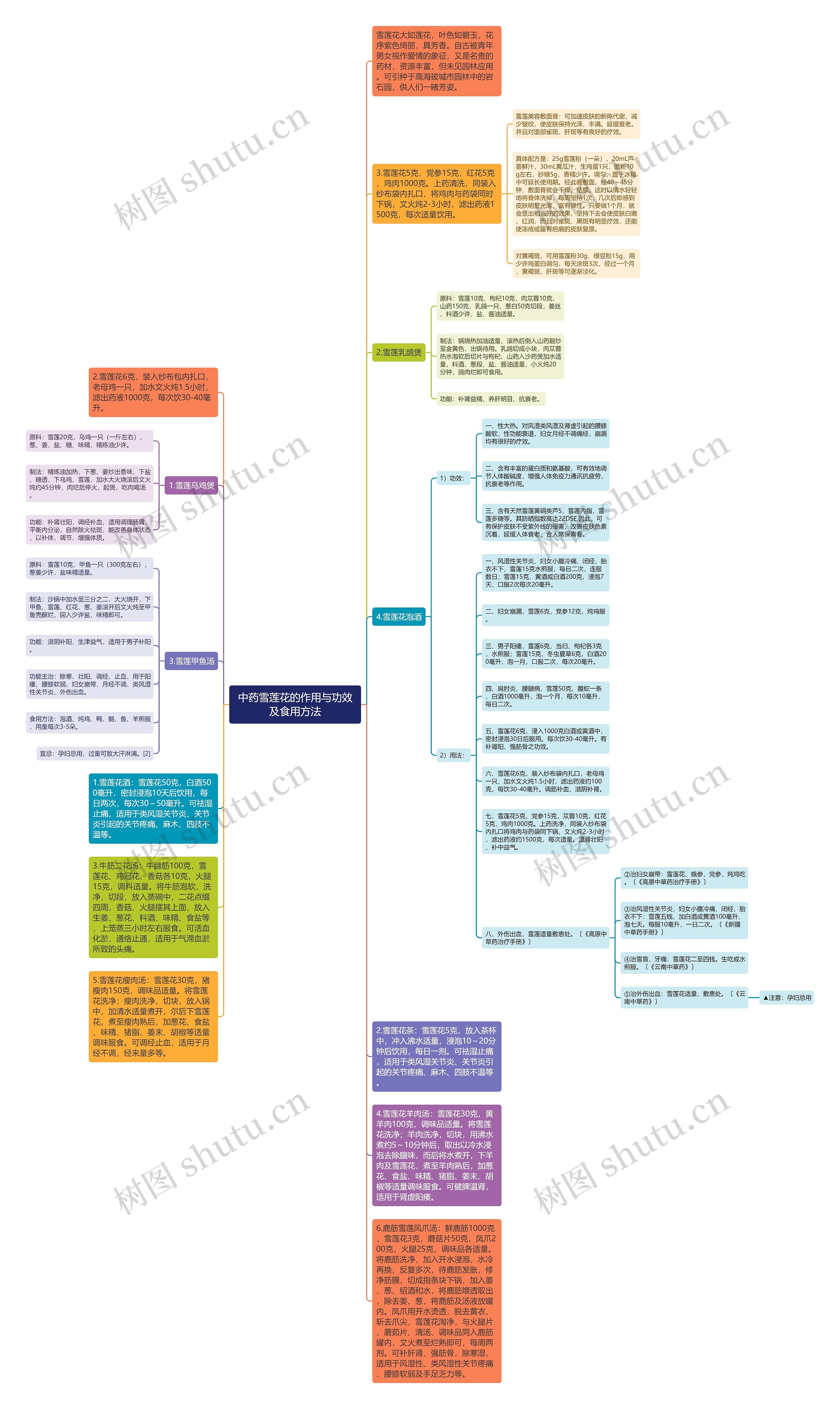 中药雪莲花的作用与功效及食用方法思维导图