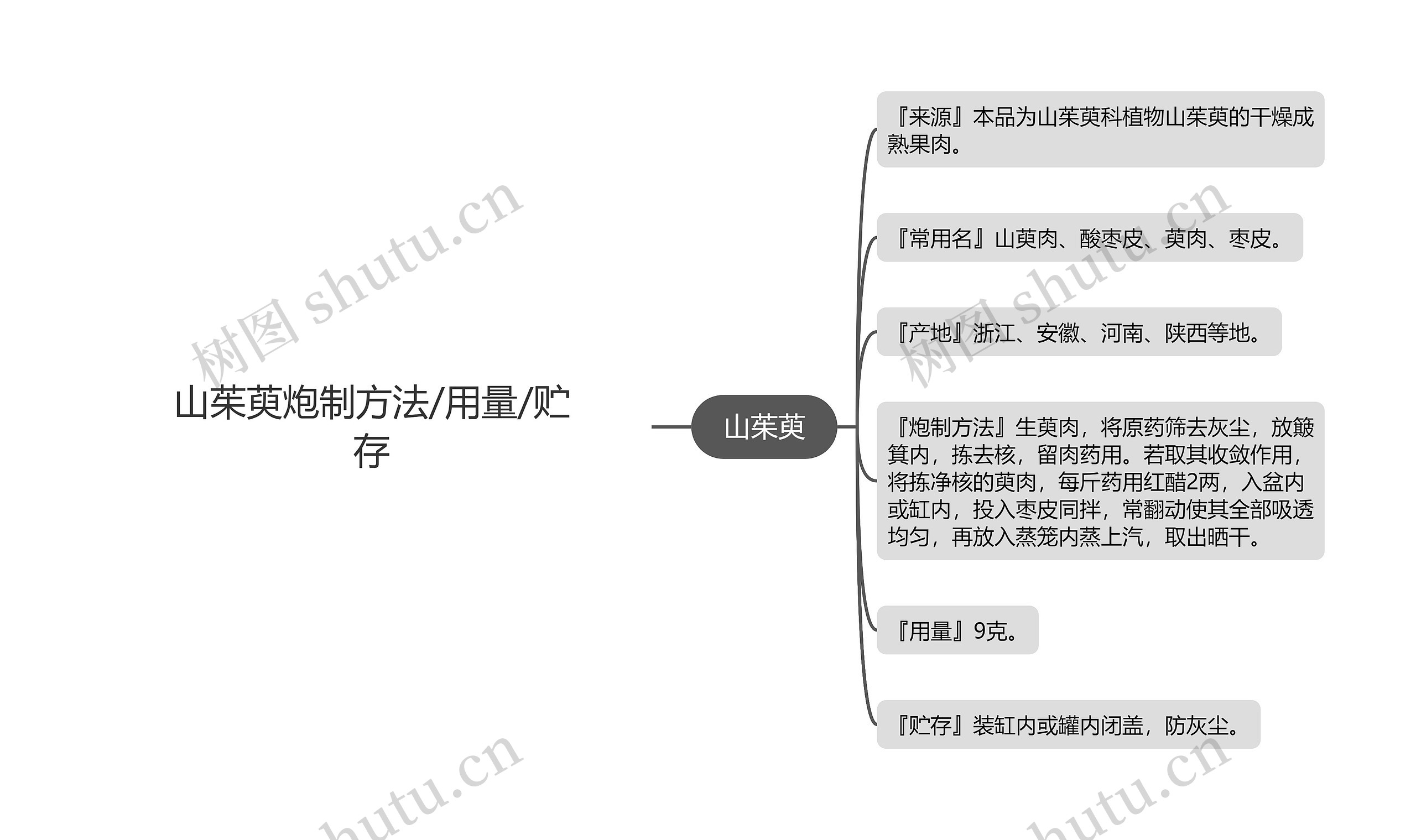 山茱萸炮制方法/用量/贮存思维导图